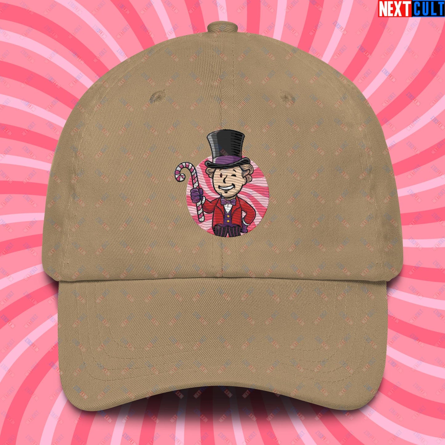 Candy Boy Willy Wonka Vault Boy Fallout Funny Meme Cartoon Mashup Dad hat Khaki Hats Fallout Movies Vault Boy Willy Wonka Next Cult Brand