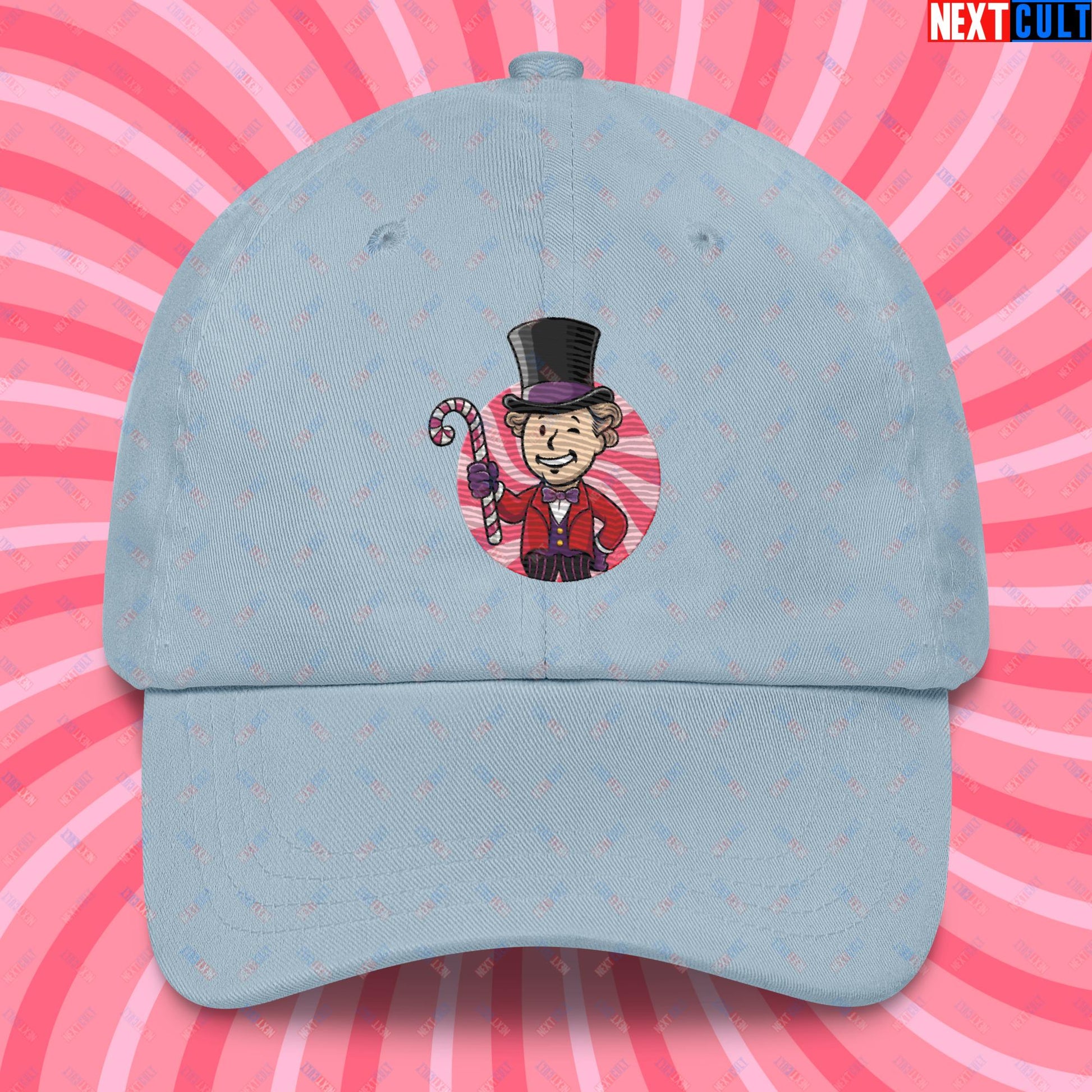 Candy Boy Willy Wonka Vault Boy Fallout Funny Meme Cartoon Mashup Dad hat Light Blue Hats Fallout Movies Vault Boy Willy Wonka Next Cult Brand