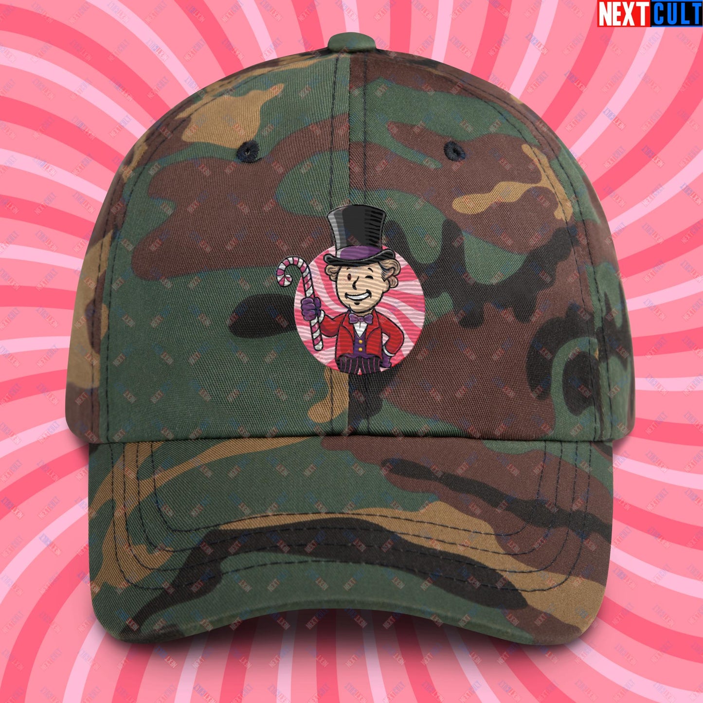 Candy Boy Willy Wonka Vault Boy Fallout Funny Meme Cartoon Mashup Dad hat Green Camo Hats Fallout Movies Vault Boy Willy Wonka Next Cult Brand