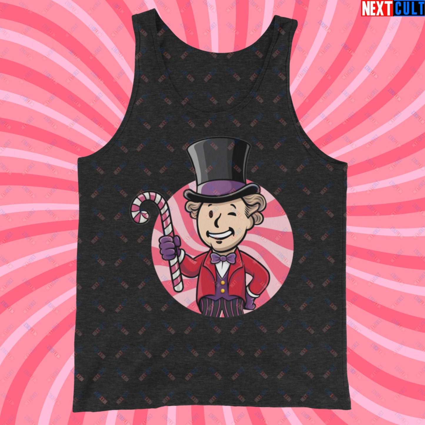 Candy Boy Willy Wonka Vault Boy Fallout Funny Meme Cartoon Mashup Tank Top Charcoal-Black Triblend Tank Tops Fallout Movies Vault Boy Willy Wonka Next Cult Brand