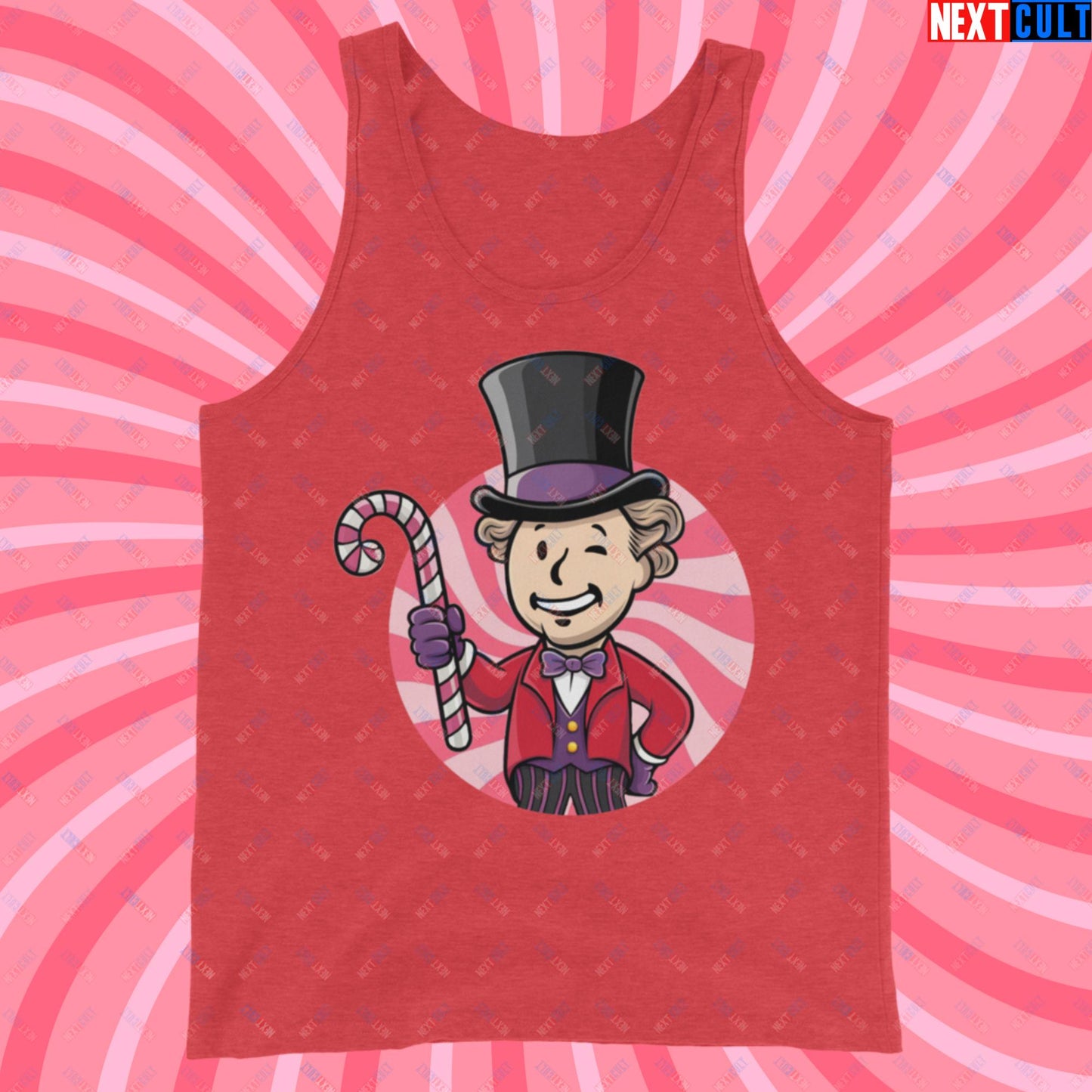 Candy Boy Willy Wonka Vault Boy Fallout Funny Meme Cartoon Mashup Tank Top Red Triblend Tank Tops Fallout Movies Vault Boy Willy Wonka Next Cult Brand