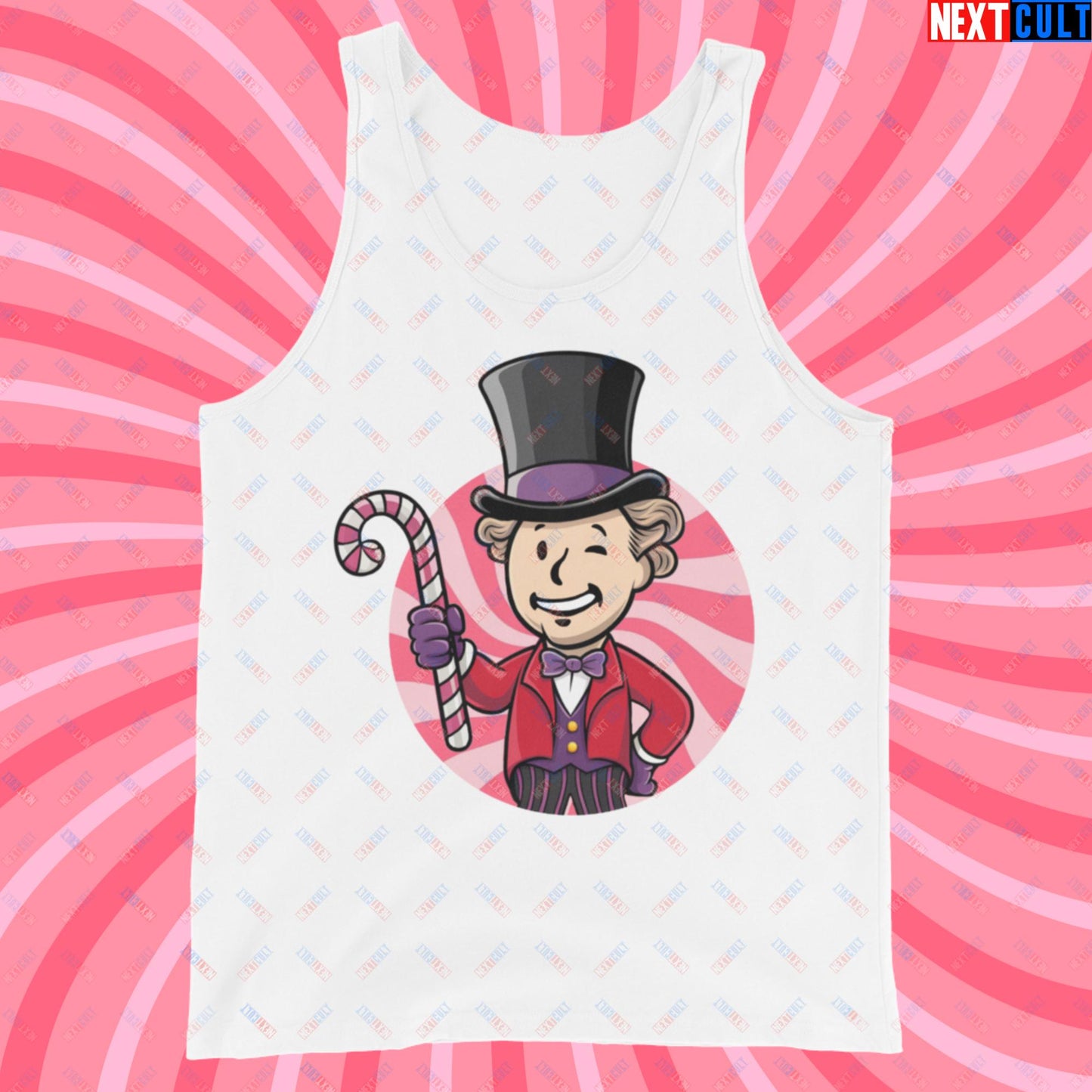 Candy Boy Willy Wonka Vault Boy Fallout Funny Meme Cartoon Mashup Tank Top White Tank Tops Fallout Movies Vault Boy Willy Wonka Next Cult Brand