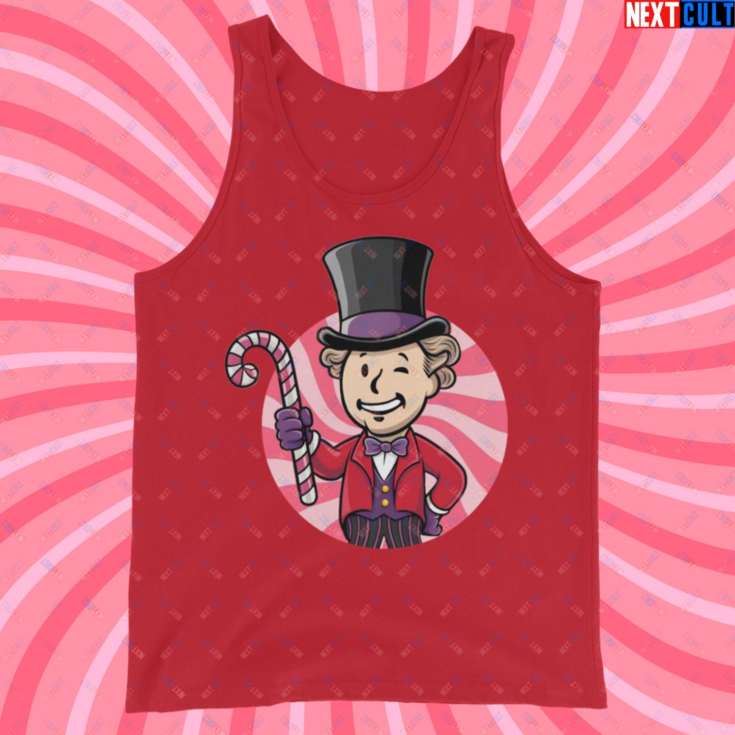 Candy Boy Willy Wonka Vault Boy Fallout Funny Meme Cartoon Mashup Tank Top Red Tank Tops Fallout Movies Vault Boy Willy Wonka Next Cult Brand