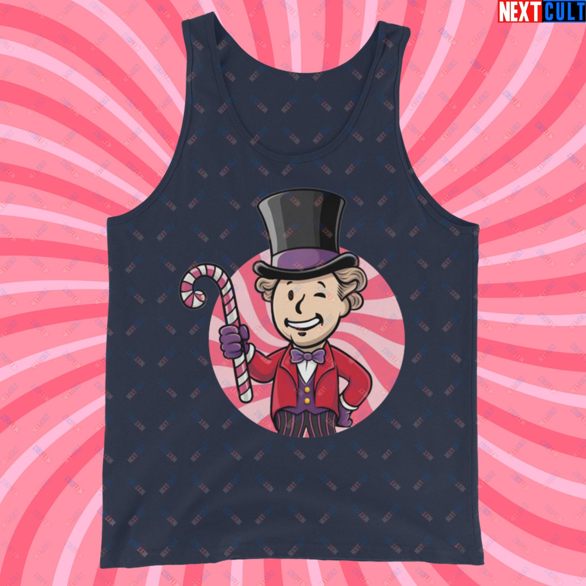 Candy Boy Willy Wonka Vault Boy Fallout Funny Meme Cartoon Mashup Tank Top Navy Tank Tops Fallout Movies Vault Boy Willy Wonka Next Cult Brand