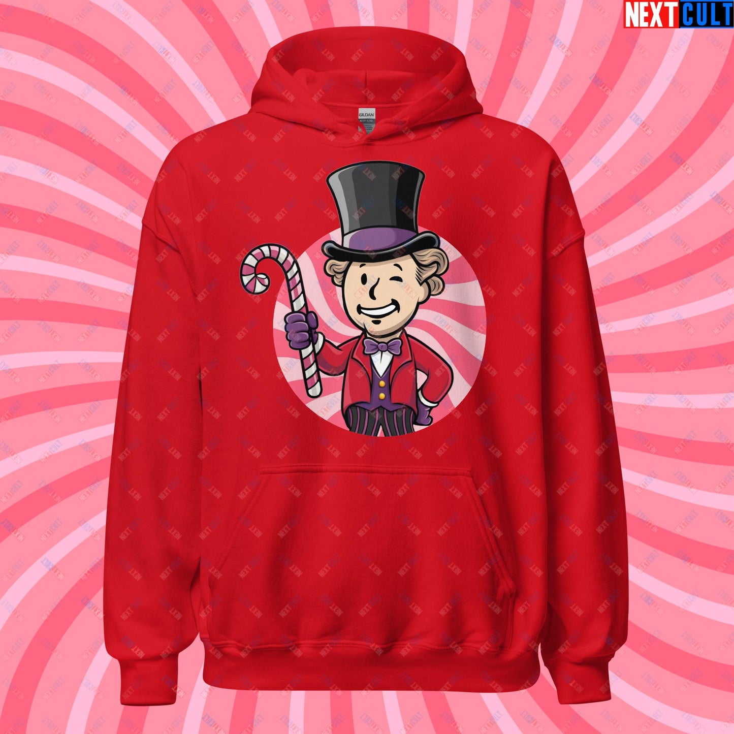 Candy Boy Willy Wonka Vault Boy Fallout Funny Meme Cartoon Mashup Unisex Hoodie Red Hoodies Fallout Movies Vault Boy Willy Wonka Next Cult Brand