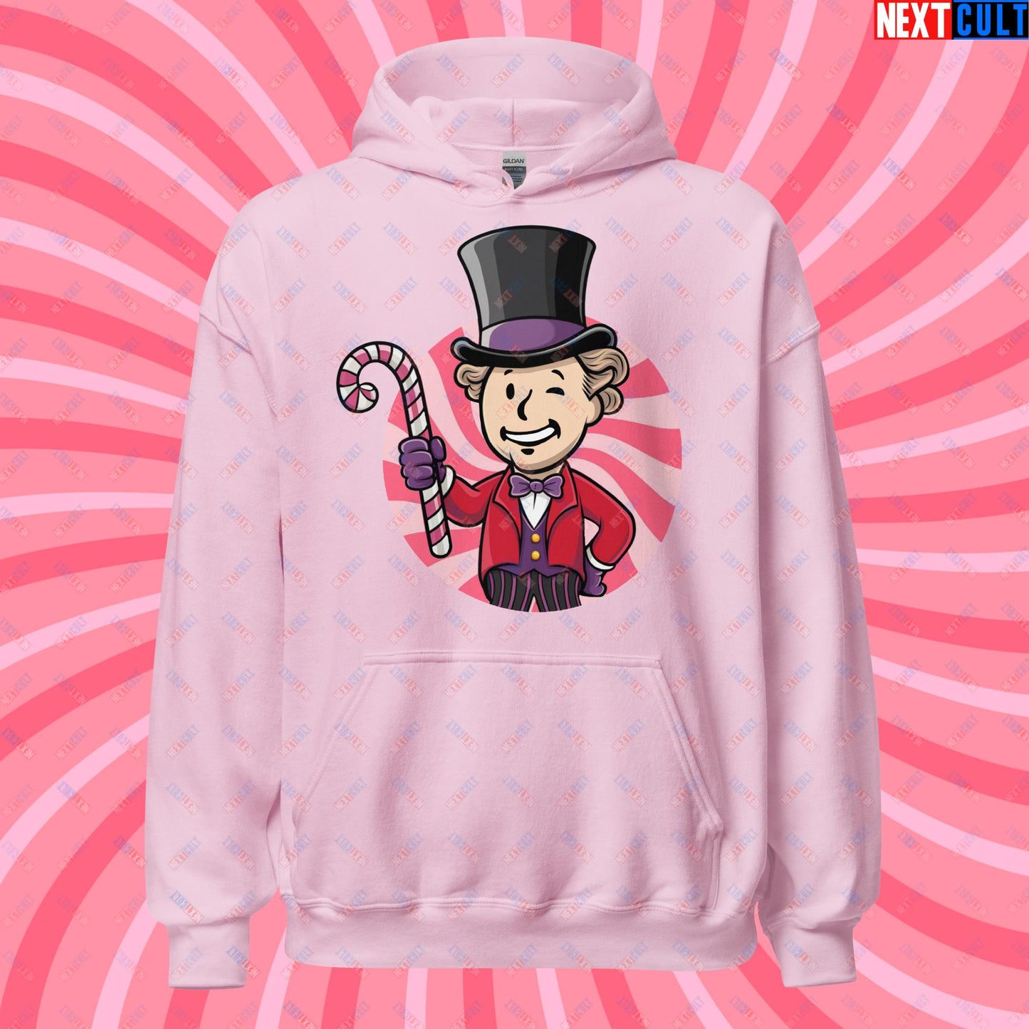 Candy Boy Willy Wonka Vault Boy Fallout Funny Meme Cartoon Mashup Unisex Hoodie Light Pink Hoodies Fallout Movies Vault Boy Willy Wonka Next Cult Brand