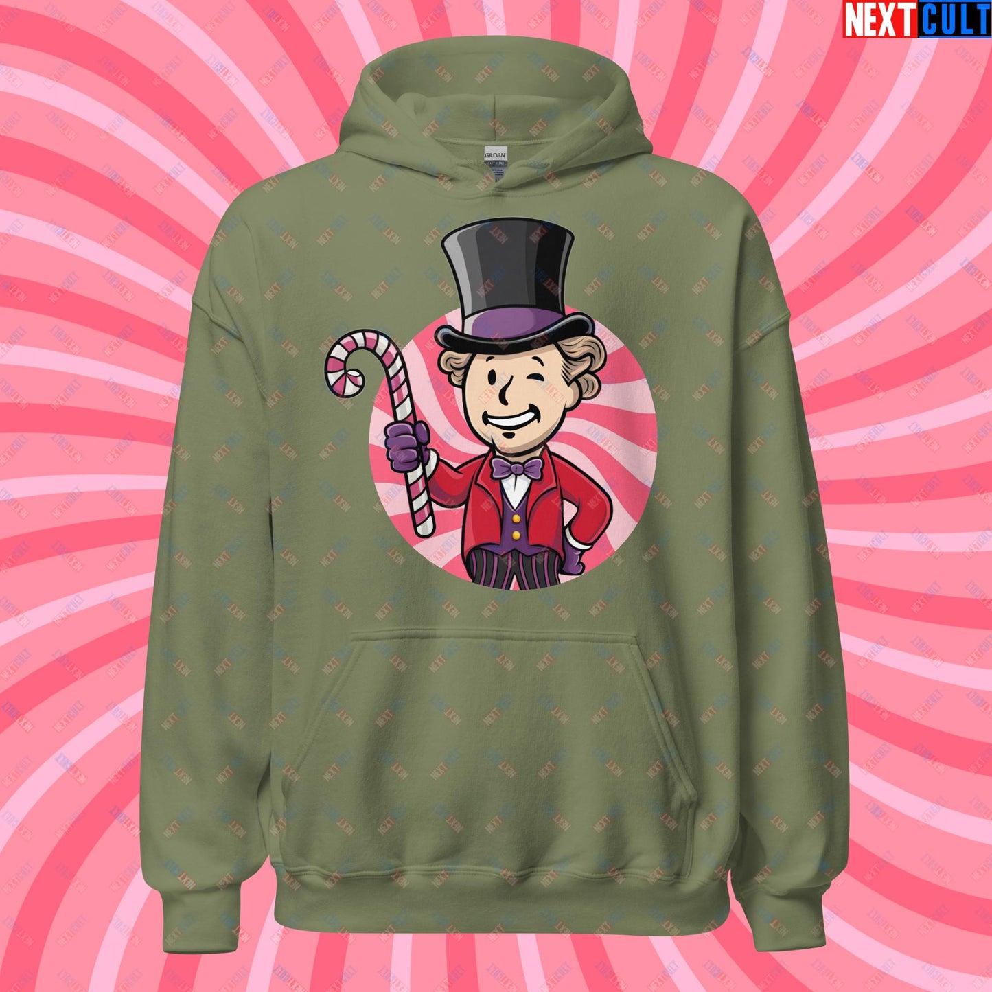 Candy Boy Willy Wonka Vault Boy Fallout Funny Meme Cartoon Mashup Unisex Hoodie Military Green Hoodies Fallout Movies Vault Boy Willy Wonka Next Cult Brand