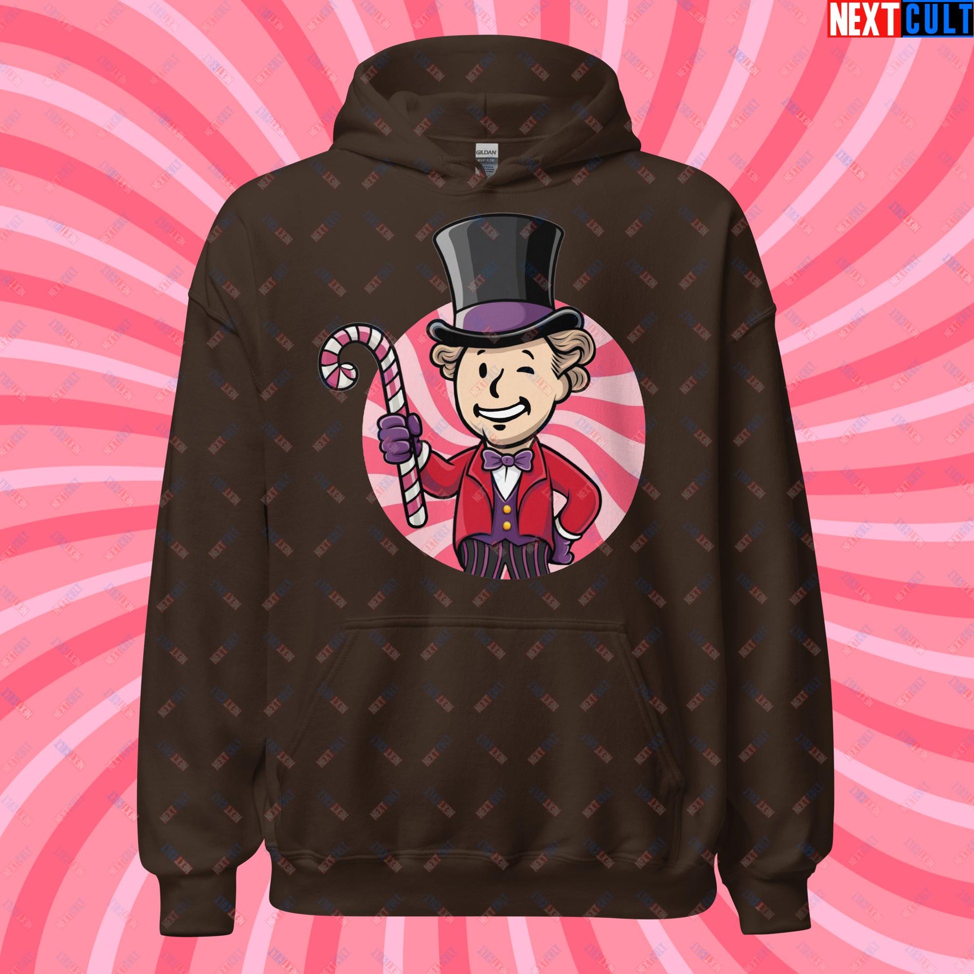 Candy Boy Willy Wonka Vault Boy Fallout Funny Meme Cartoon Mashup Unisex Hoodie Dark Chocolate Hoodies Fallout Movies Vault Boy Willy Wonka Next Cult Brand