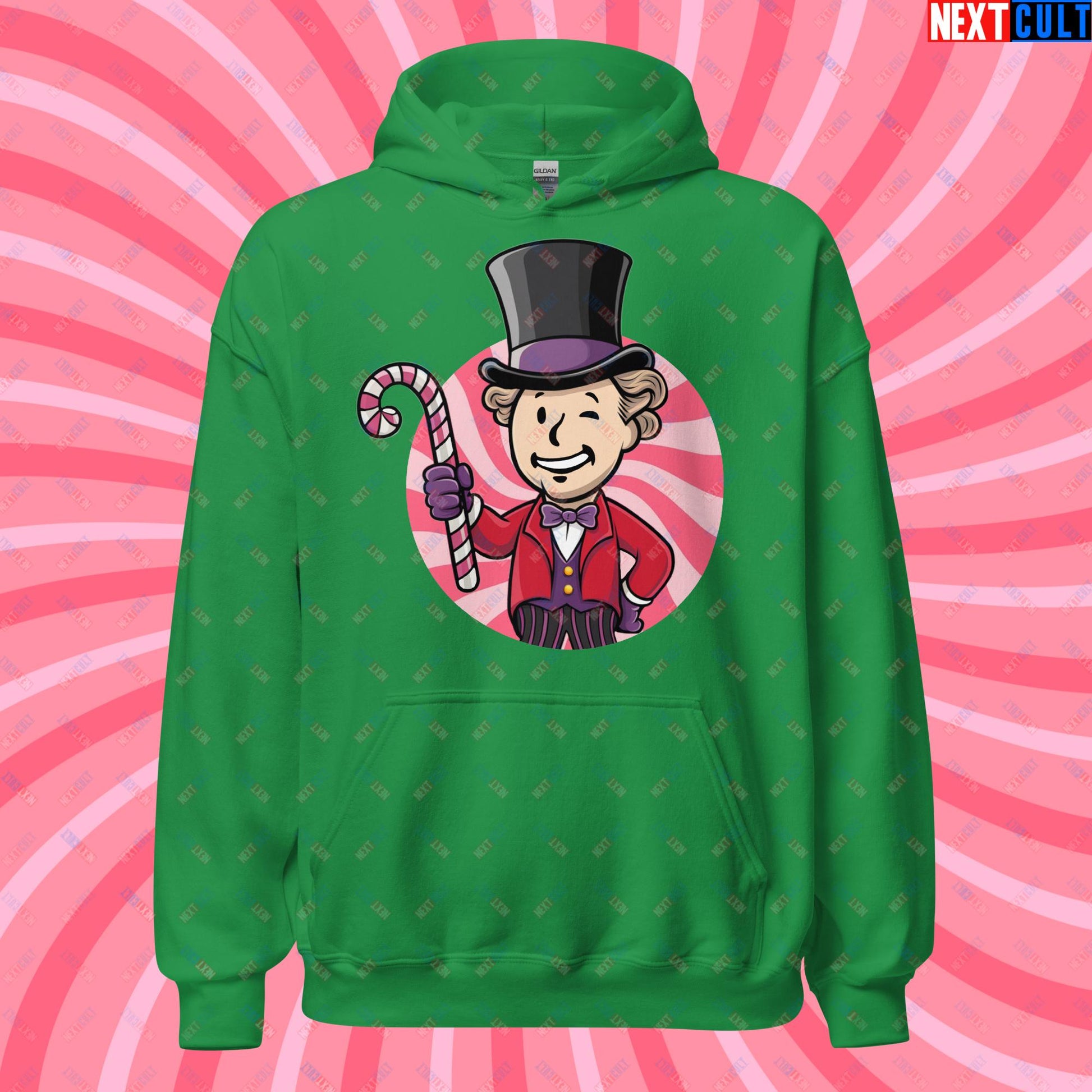 Candy Boy Willy Wonka Vault Boy Fallout Funny Meme Cartoon Mashup Unisex Hoodie Irish Green Hoodies Fallout Movies Vault Boy Willy Wonka Next Cult Brand