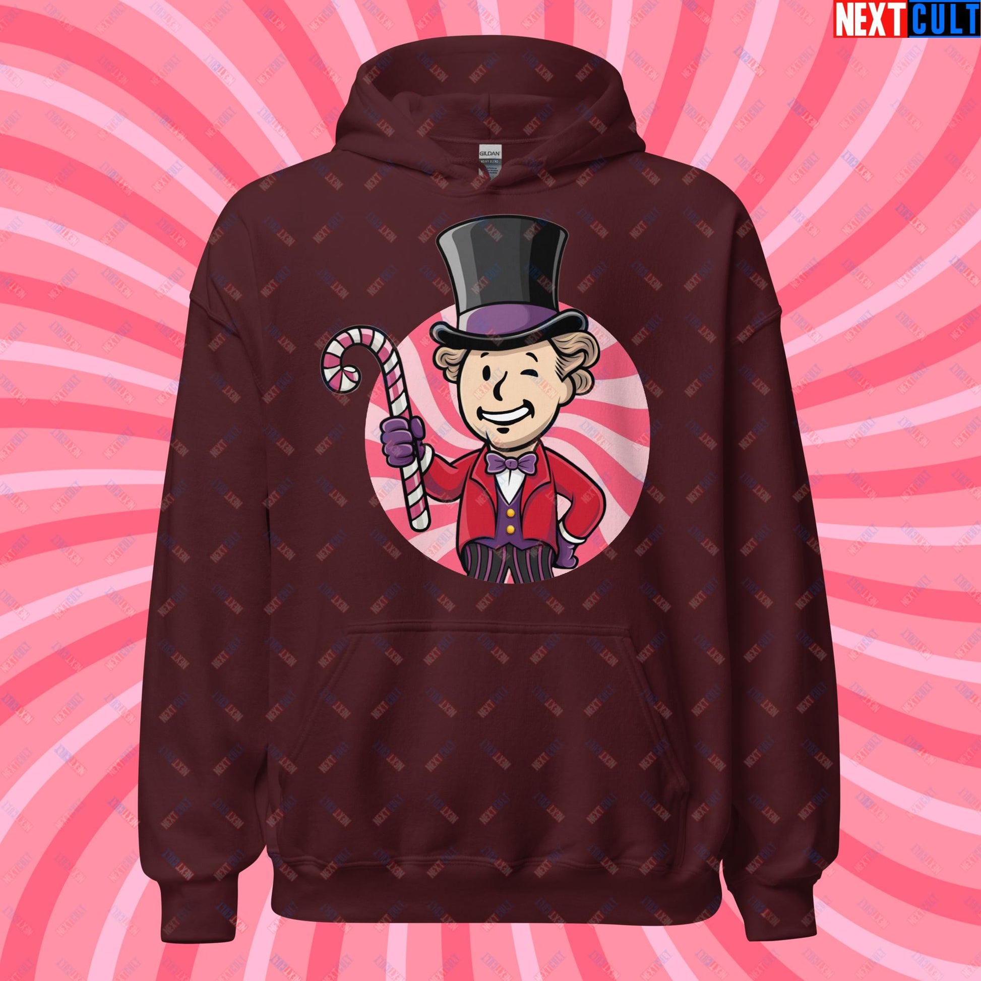 Candy Boy Willy Wonka Vault Boy Fallout Funny Meme Cartoon Mashup Unisex Hoodie Maroon Hoodies Fallout Movies Vault Boy Willy Wonka Next Cult Brand