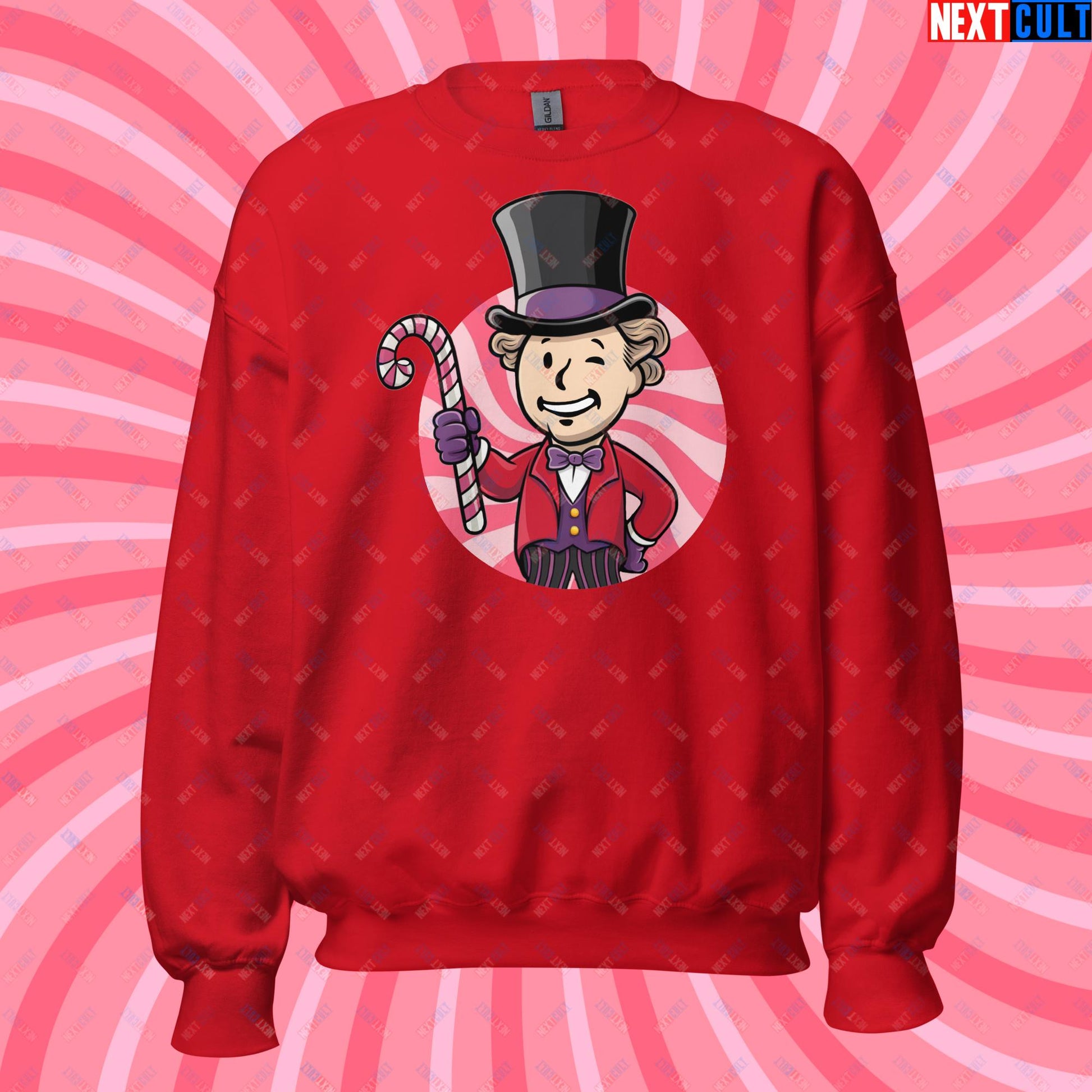 Candy Boy Willy Wonka Vault Boy Fallout Funny Meme Cartoon Mashup Unisex Sweatshirt Red Sweatshirts Fallout Movies Vault Boy Willy Wonka Next Cult Brand