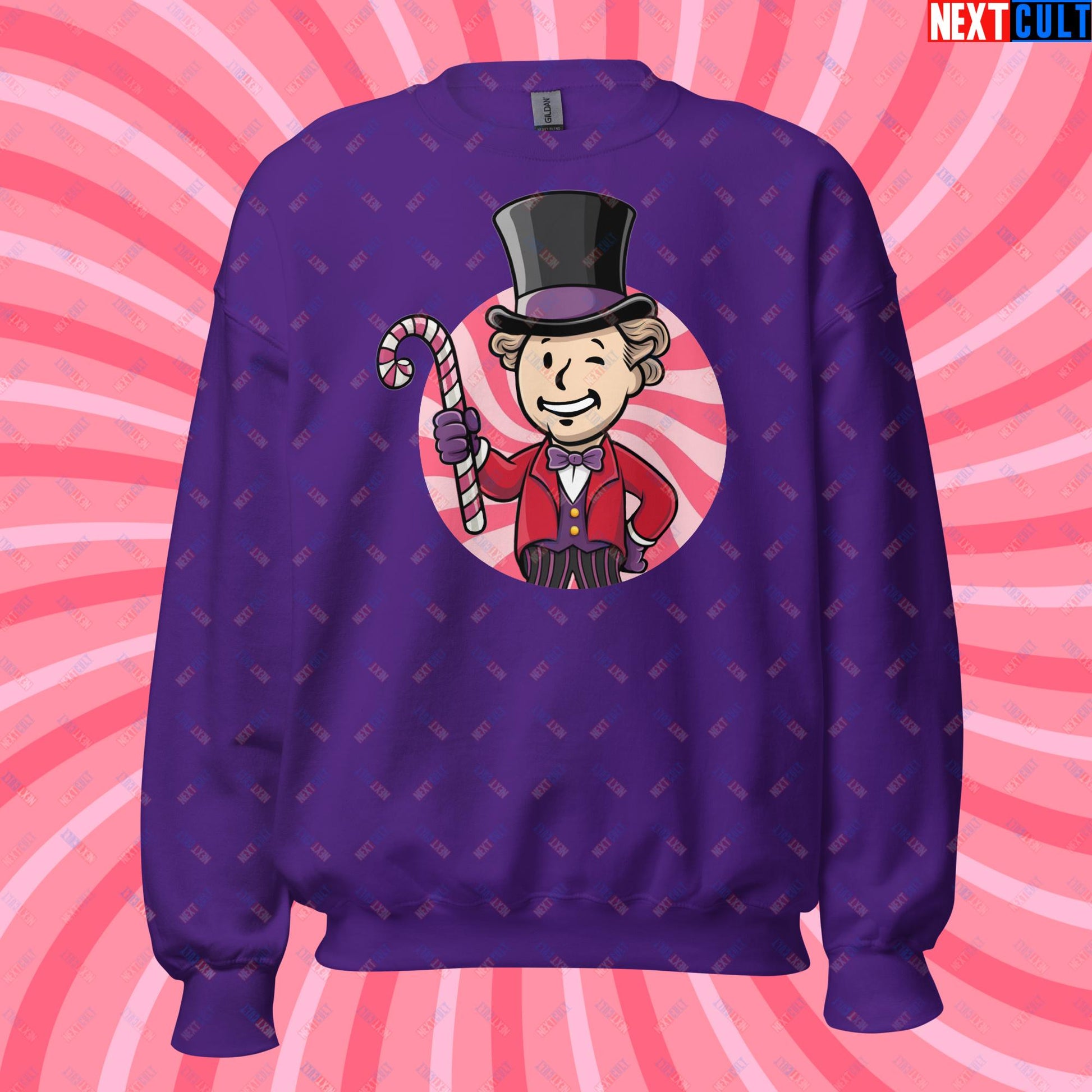 Candy Boy Willy Wonka Vault Boy Fallout Funny Meme Cartoon Mashup Unisex Sweatshirt Purple Sweatshirts Fallout Movies Vault Boy Willy Wonka Next Cult Brand