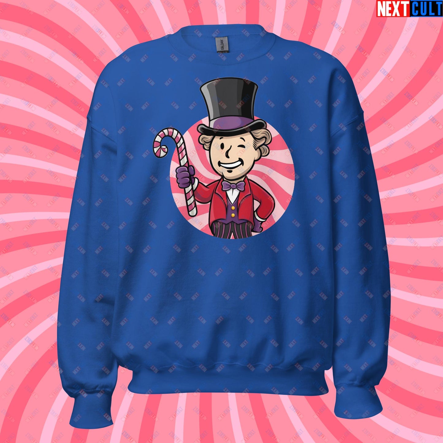 Candy Boy Willy Wonka Vault Boy Fallout Funny Meme Cartoon Mashup Unisex Sweatshirt Royal Sweatshirts Fallout Movies Vault Boy Willy Wonka Next Cult Brand