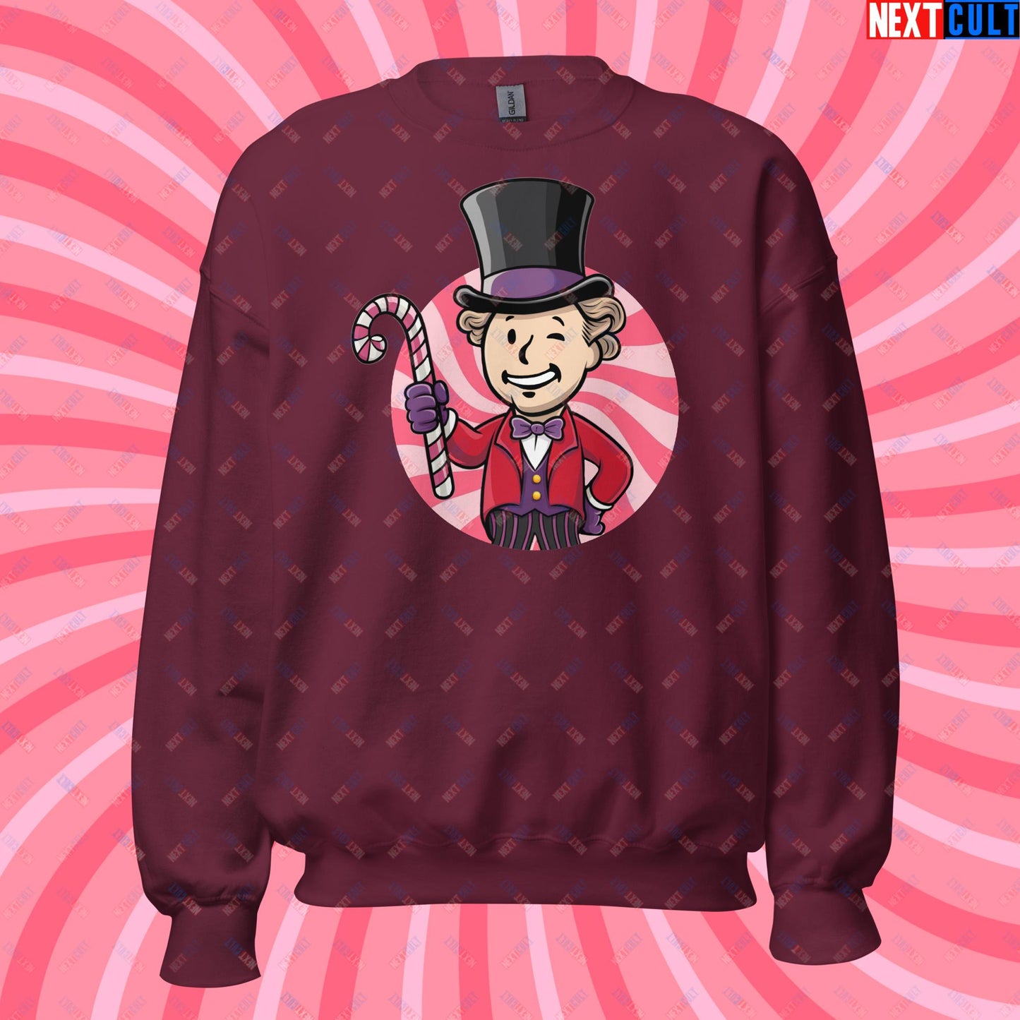 Candy Boy Willy Wonka Vault Boy Fallout Funny Meme Cartoon Mashup Unisex Sweatshirt Maroon Sweatshirts Fallout Movies Vault Boy Willy Wonka Next Cult Brand