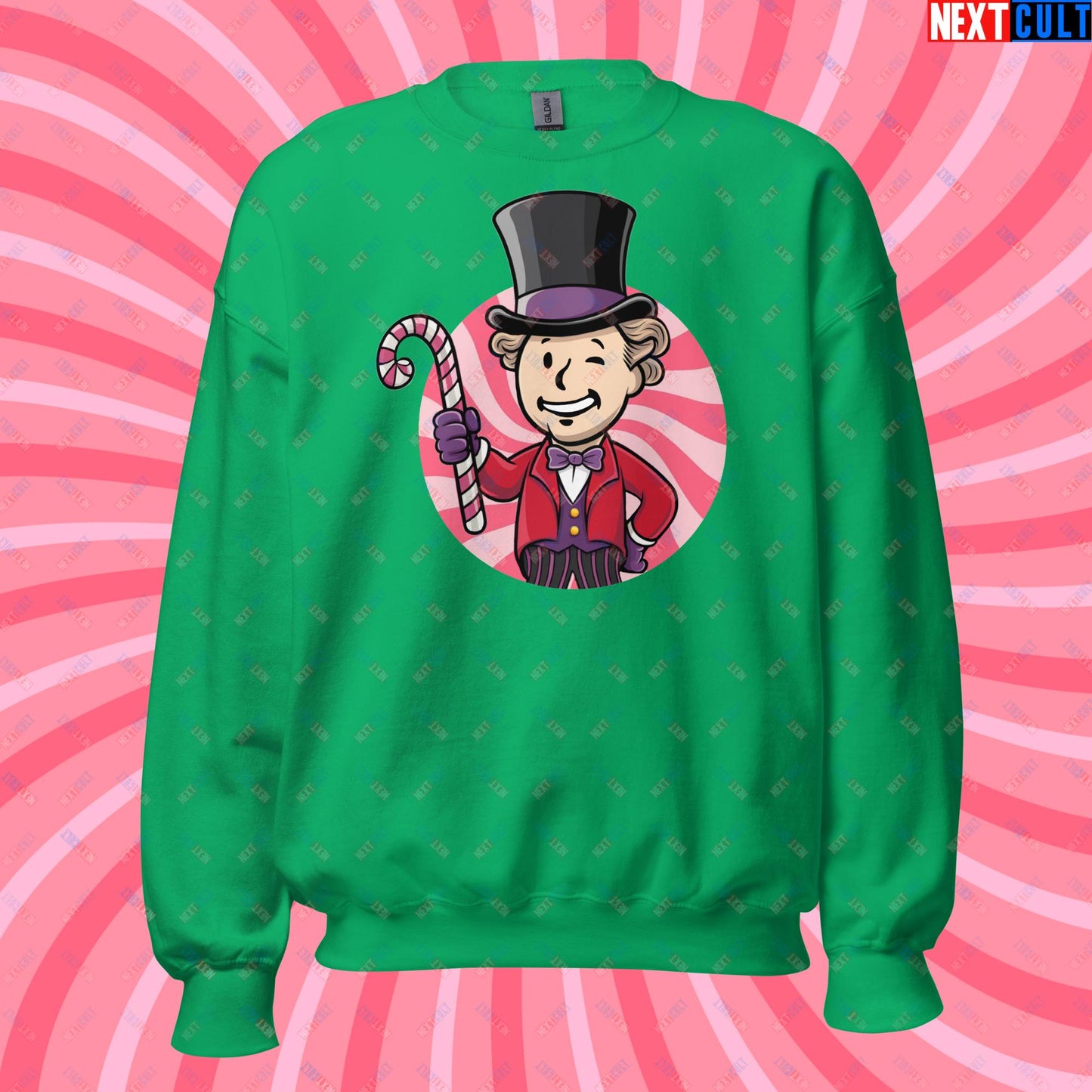 Candy Boy Willy Wonka Vault Boy Fallout Funny Meme Cartoon Mashup Unisex Sweatshirt Irish Green Sweatshirts Fallout Movies Vault Boy Willy Wonka Next Cult Brand