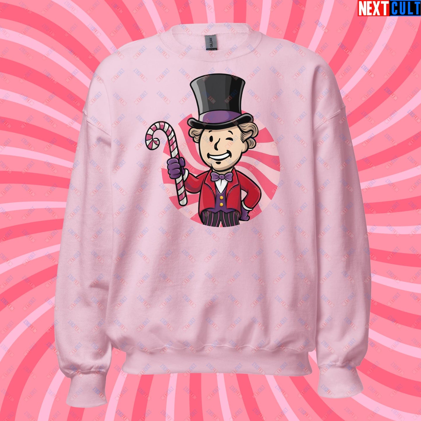 Candy Boy Willy Wonka Vault Boy Fallout Funny Meme Cartoon Mashup Unisex Sweatshirt Light Pink Sweatshirts Fallout Movies Vault Boy Willy Wonka Next Cult Brand