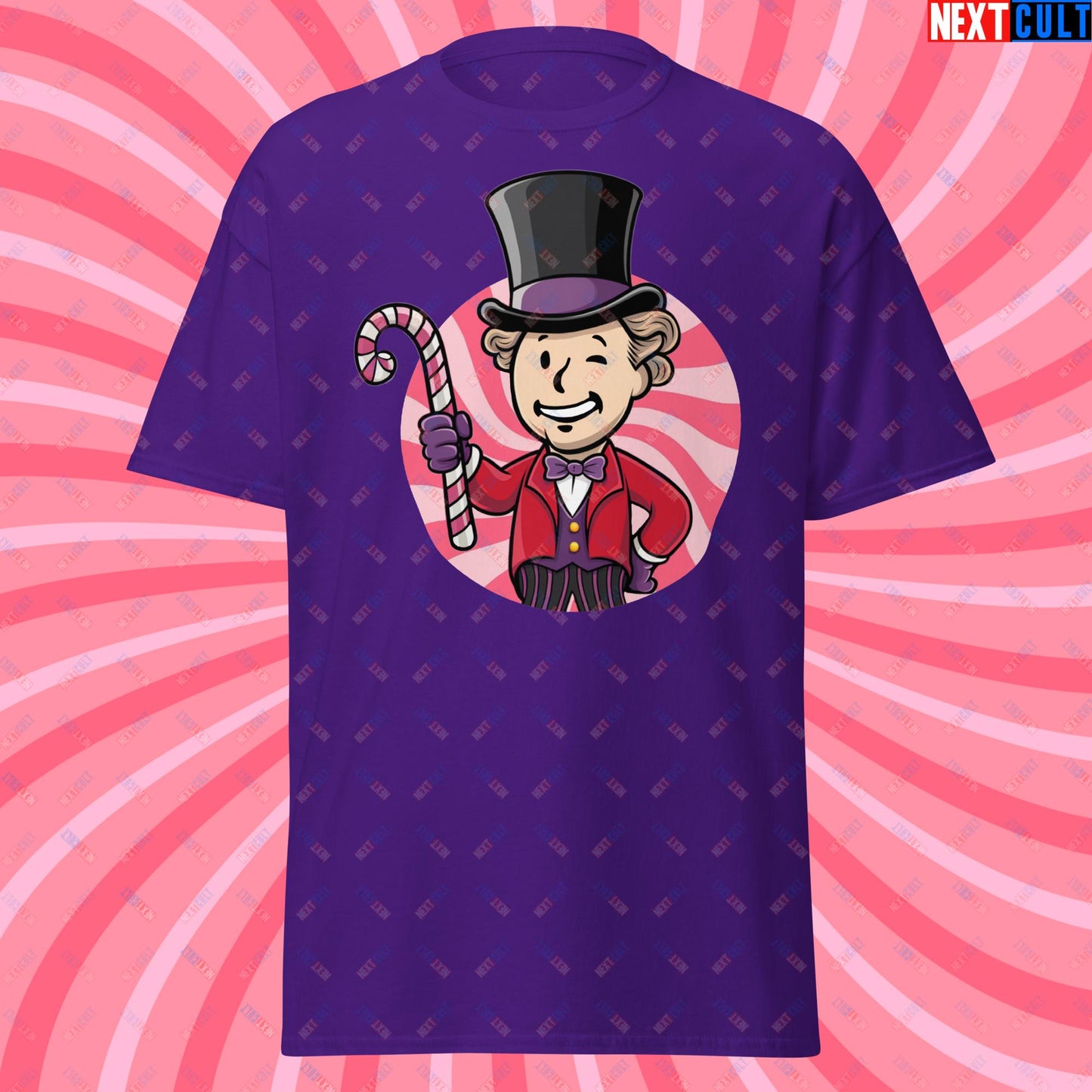 Candy Boy Willy Wonka Vault Boy Fallout Funny Meme Cartoon Mashup Unisex tee Purple T-shirts Fallout Movies Vault Boy Willy Wonka Next Cult Brand