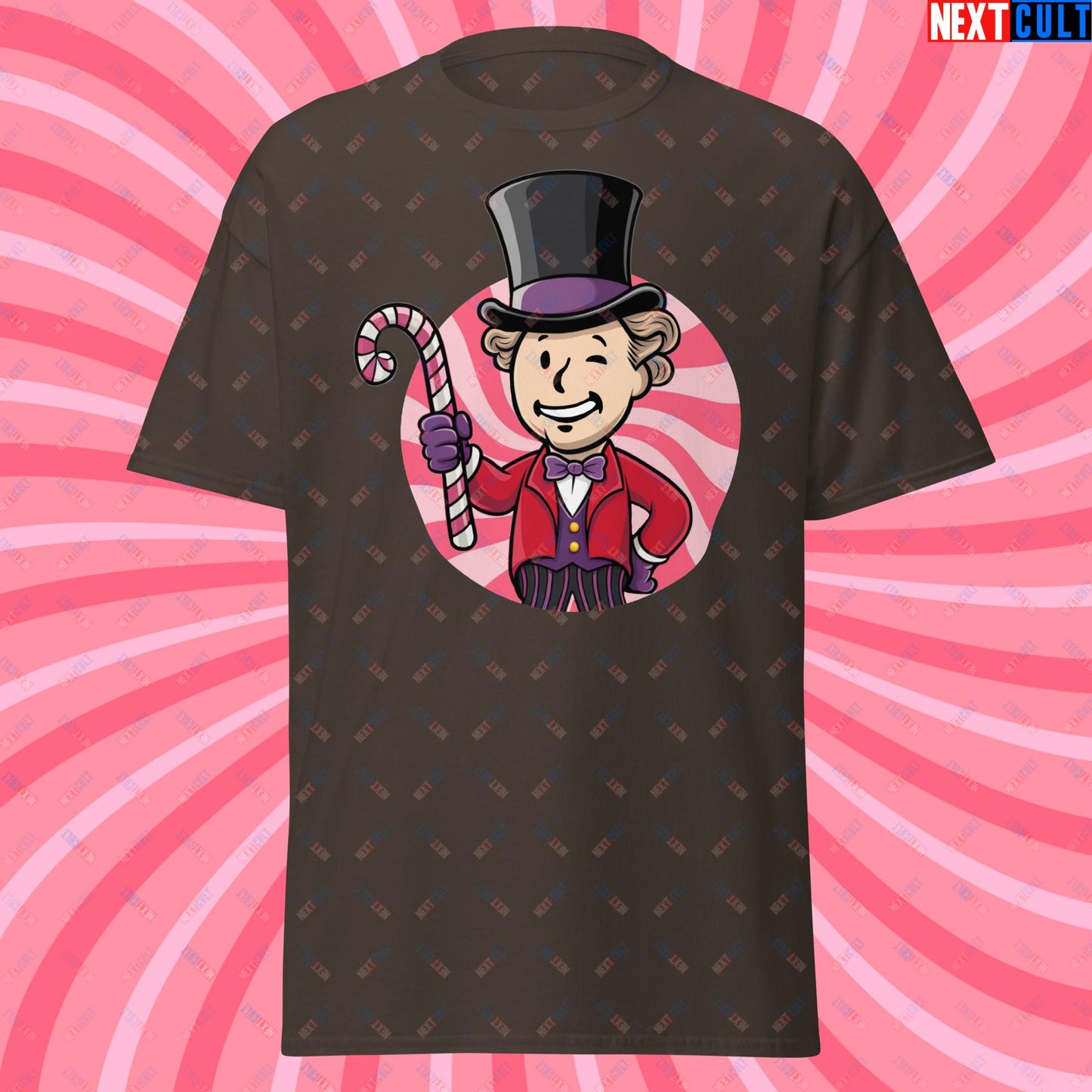 Candy Boy Willy Wonka Vault Boy Fallout Funny Meme Cartoon Mashup Unisex tee Dark Chocolate T-shirts Fallout Movies Vault Boy Willy Wonka Next Cult Brand