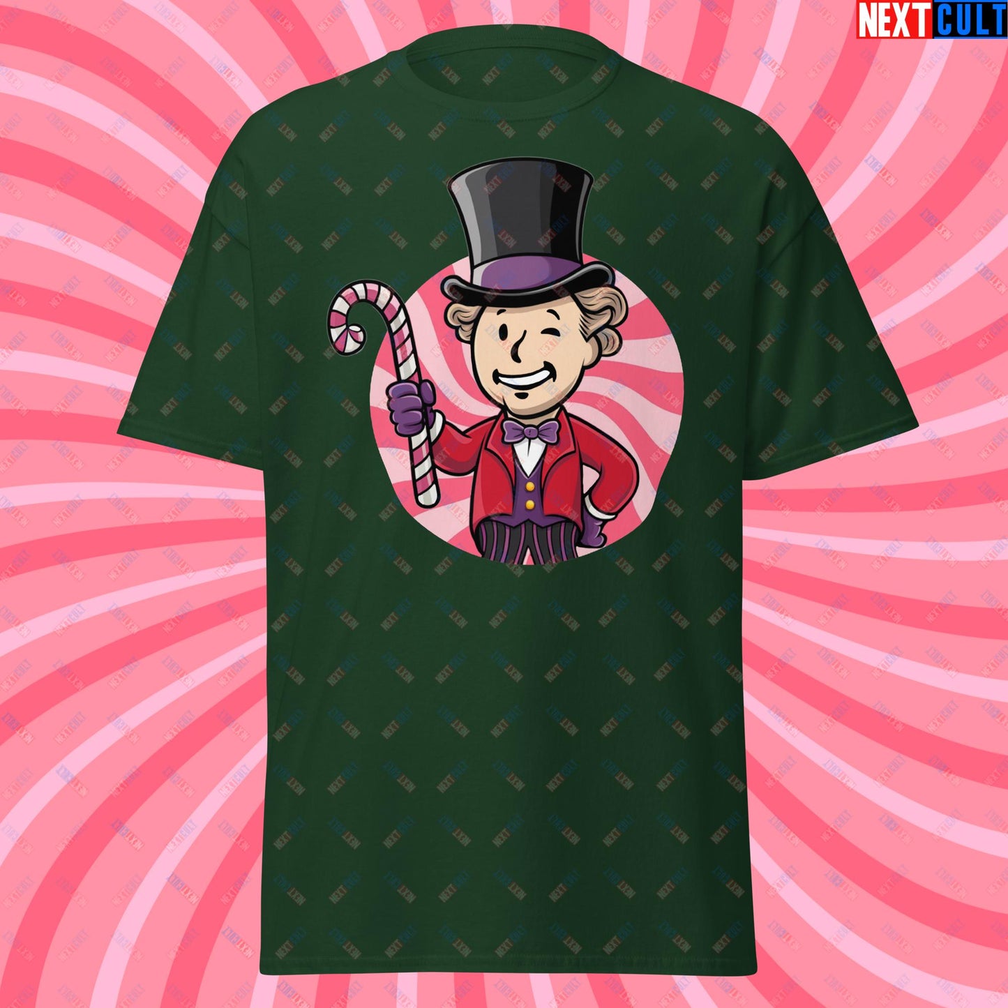 Candy Boy Willy Wonka Vault Boy Fallout Funny Meme Cartoon Mashup Unisex tee Forest Green T-shirts Fallout Movies Vault Boy Willy Wonka Next Cult Brand