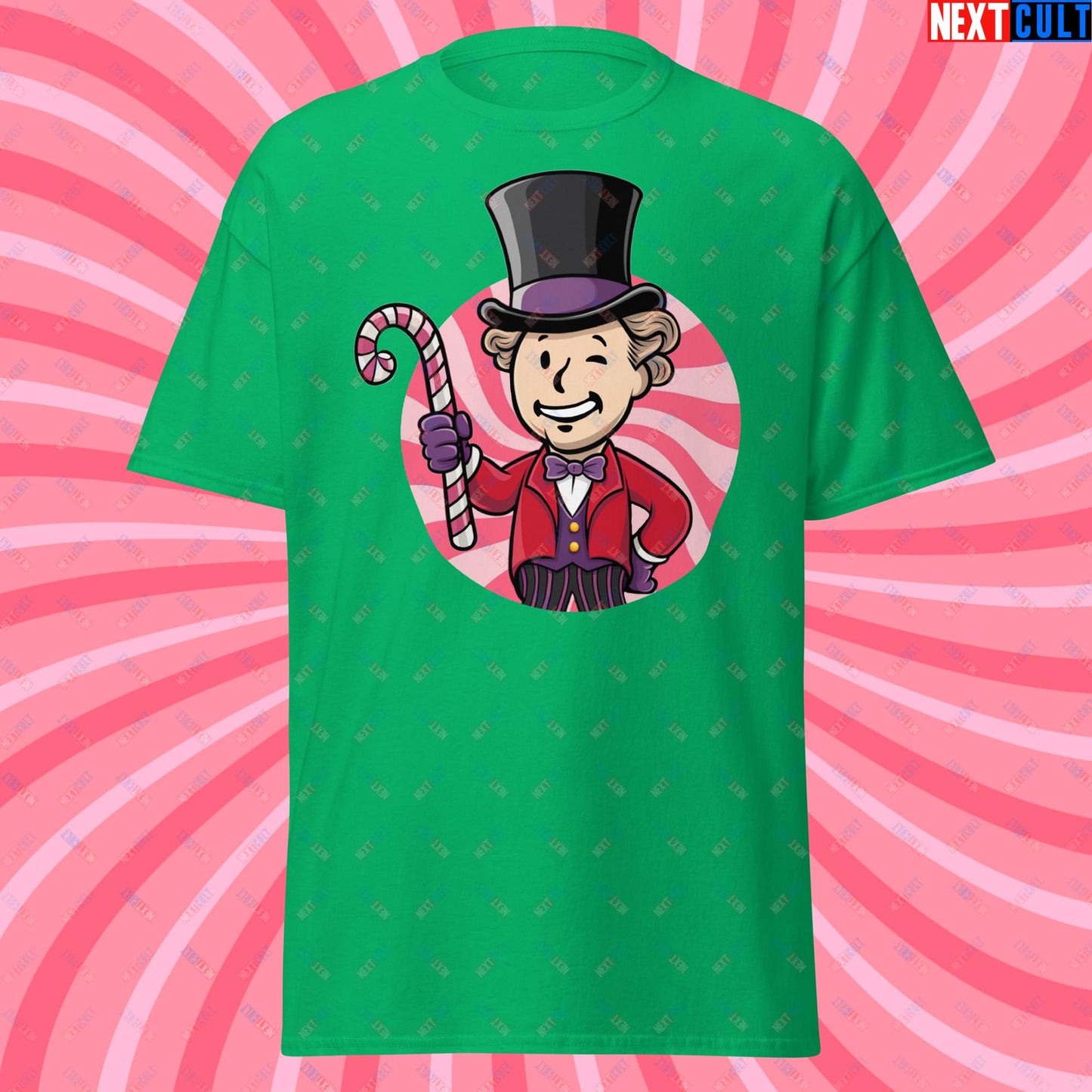 Candy Boy Willy Wonka Vault Boy Fallout Funny Meme Cartoon Mashup Unisex tee Irish Green T-shirts Fallout Movies Vault Boy Willy Wonka Next Cult Brand