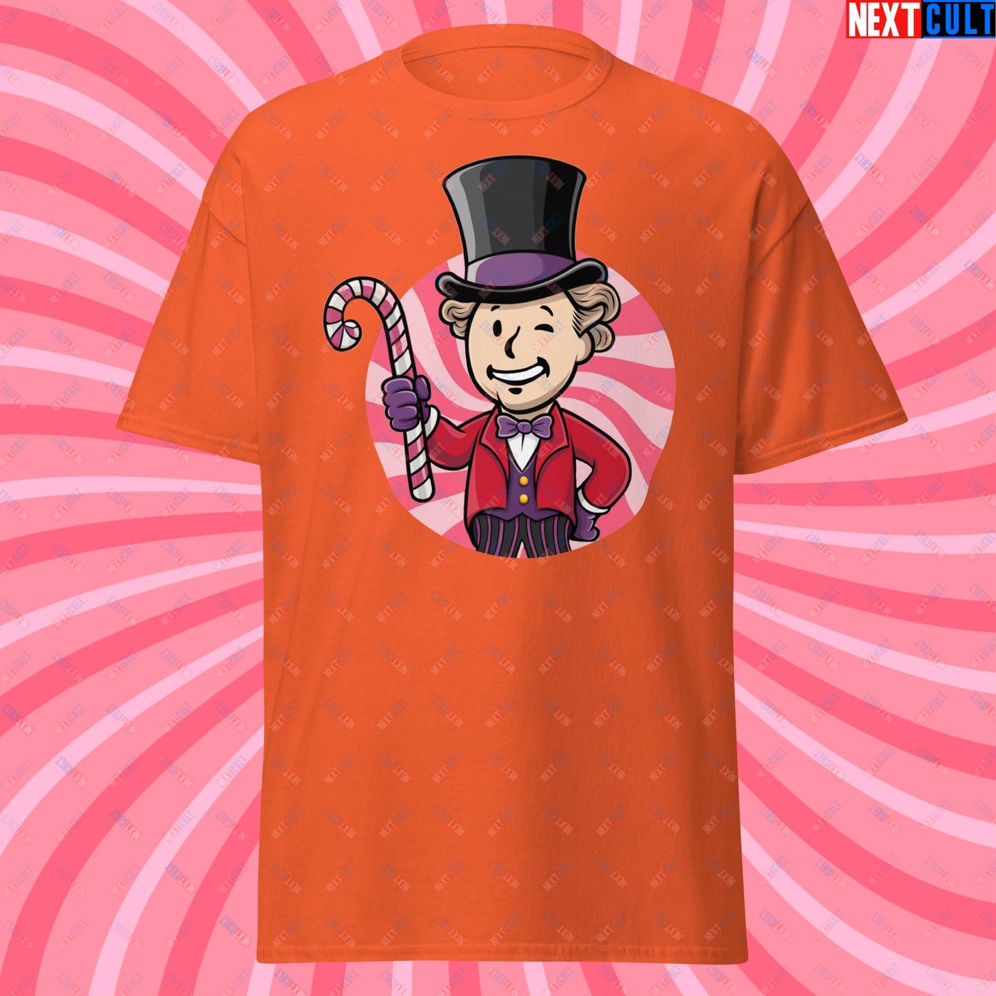 Candy Boy Willy Wonka Vault Boy Fallout Funny Meme Cartoon Mashup Unisex tee Orange T-shirts Fallout Movies Vault Boy Willy Wonka Next Cult Brand