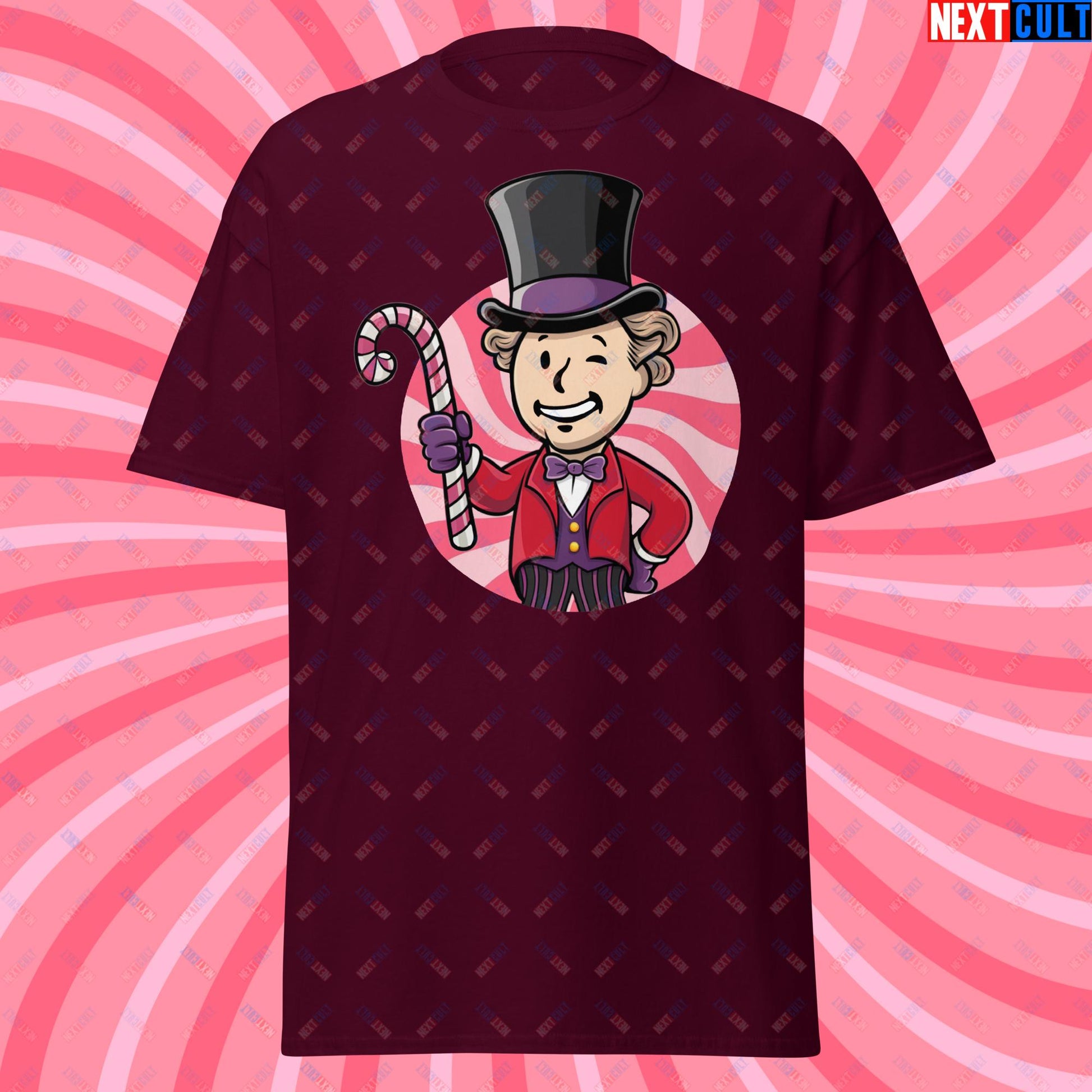 Candy Boy Willy Wonka Vault Boy Fallout Funny Meme Cartoon Mashup Unisex tee Maroon T-shirts Fallout Movies Vault Boy Willy Wonka Next Cult Brand