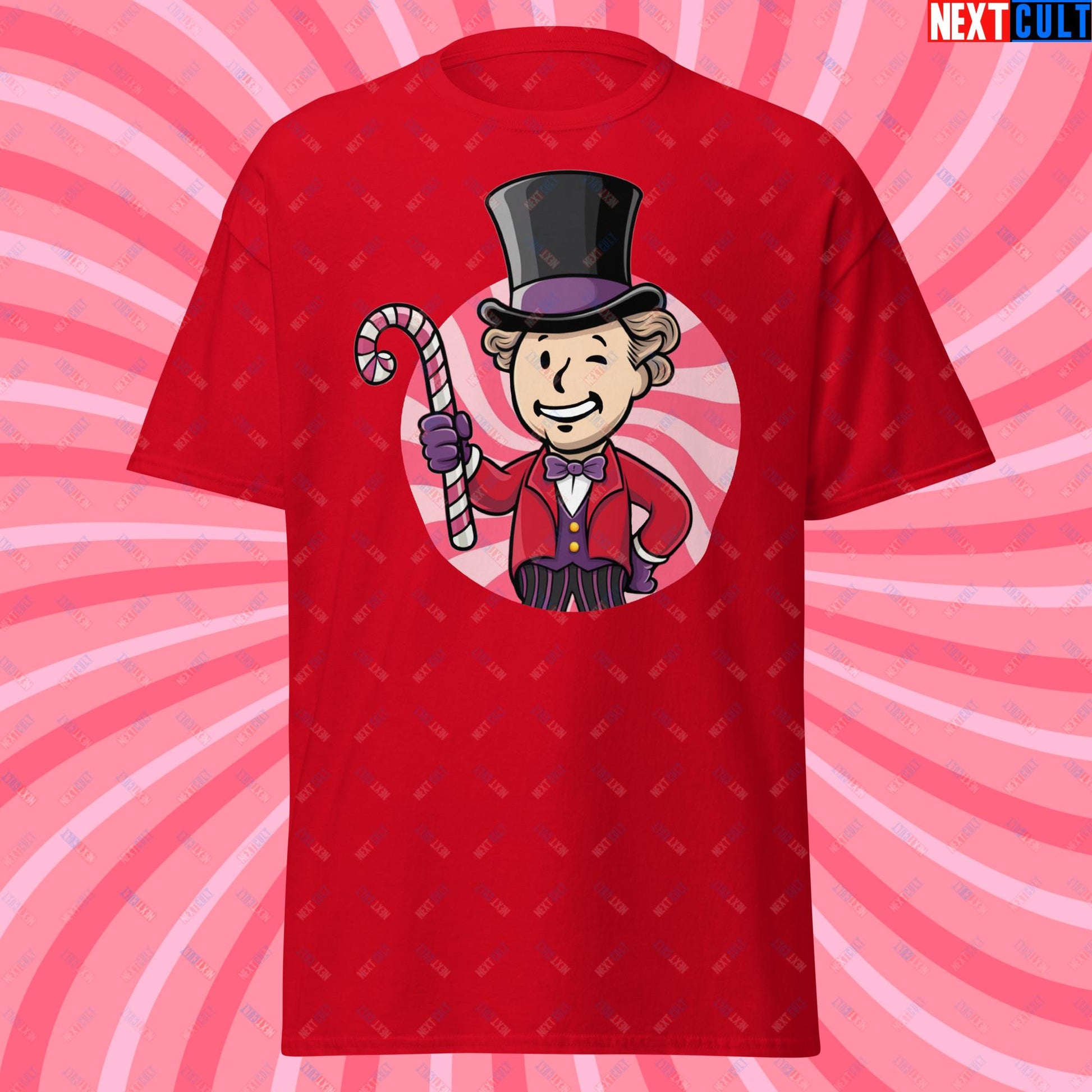 Candy Boy Willy Wonka Vault Boy Fallout Funny Meme Cartoon Mashup Unisex tee Red T-shirts Fallout Movies Vault Boy Willy Wonka Next Cult Brand