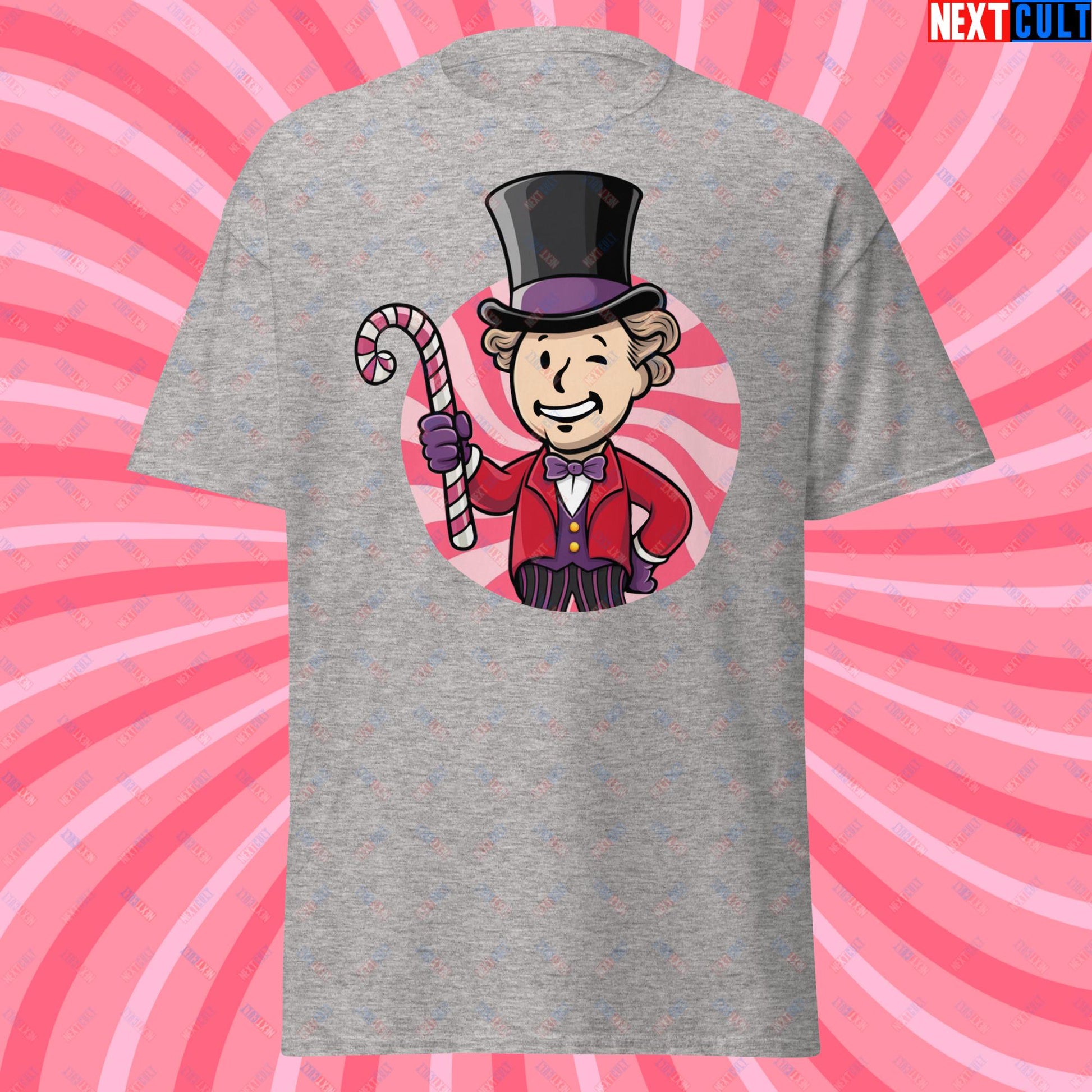 Candy Boy Willy Wonka Vault Boy Fallout Funny Meme Cartoon Mashup Unisex tee Sport Grey T-shirts Fallout Movies Vault Boy Willy Wonka Next Cult Brand