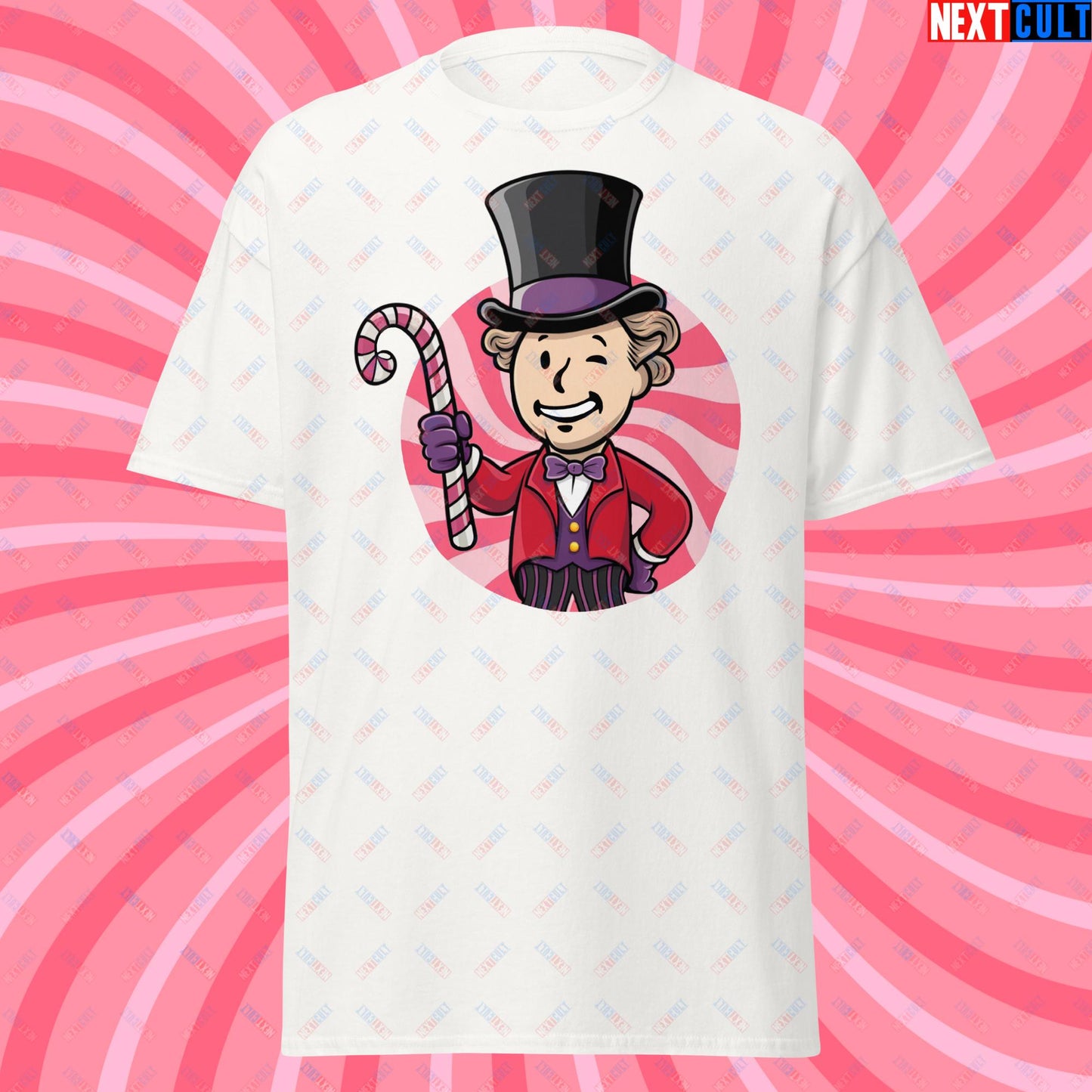 Candy Boy Willy Wonka Vault Boy Fallout Funny Meme Cartoon Mashup Unisex tee White T-shirts Fallout Movies Vault Boy Willy Wonka Next Cult Brand