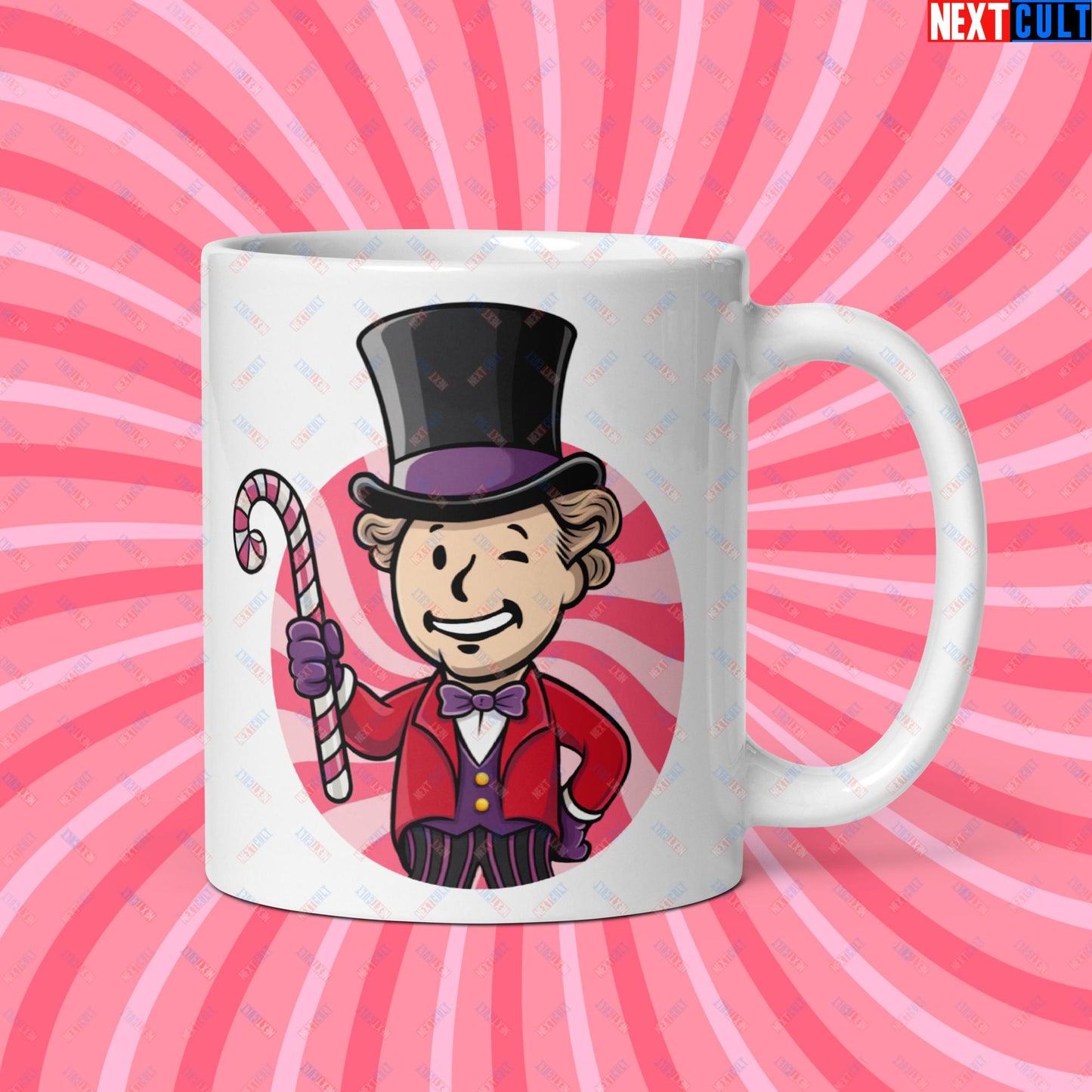 Candy Boy Willy Wonka Vault Boy Fallout Funny Meme Cartoon Mashup White glossy mug Next Cult Brand