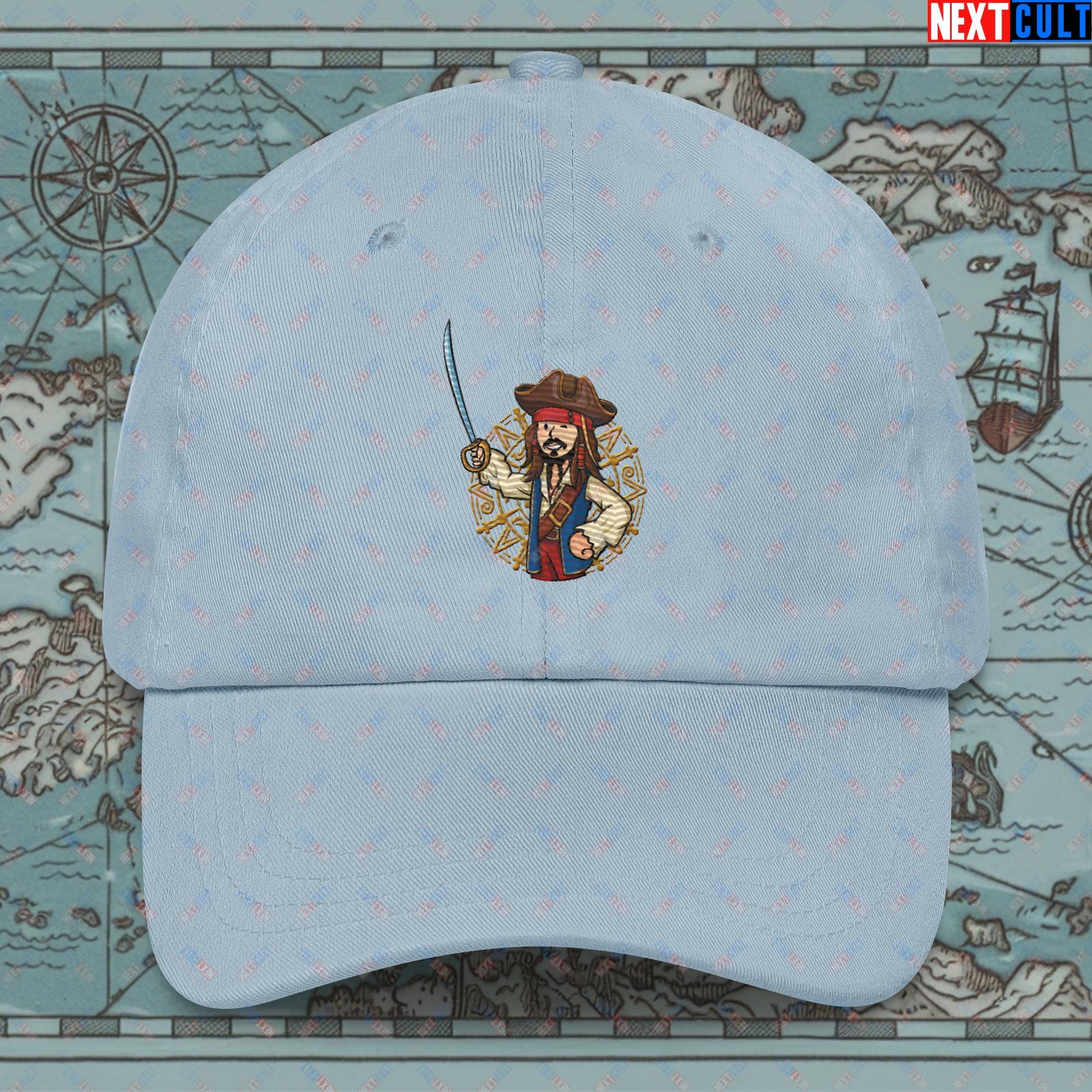 Captain Boy Jack Sparrow Pirates of the Caribbean Vault Boy Fallout Funny Meme Cartoon Mashup Dad hat Light Blue Hats Fallout Johnny Depp Movies Pirates of the Caribbean Vault Boy Next Cult Brand