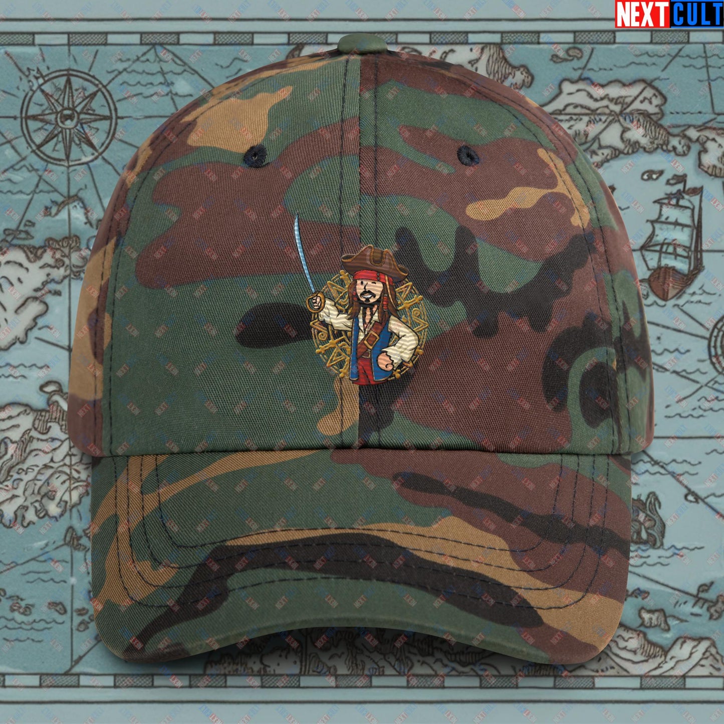 Captain Boy Jack Sparrow Pirates of the Caribbean Vault Boy Fallout Funny Meme Cartoon Mashup Dad hat Green Camo Hats Fallout Johnny Depp Movies Pirates of the Caribbean Vault Boy Next Cult Brand