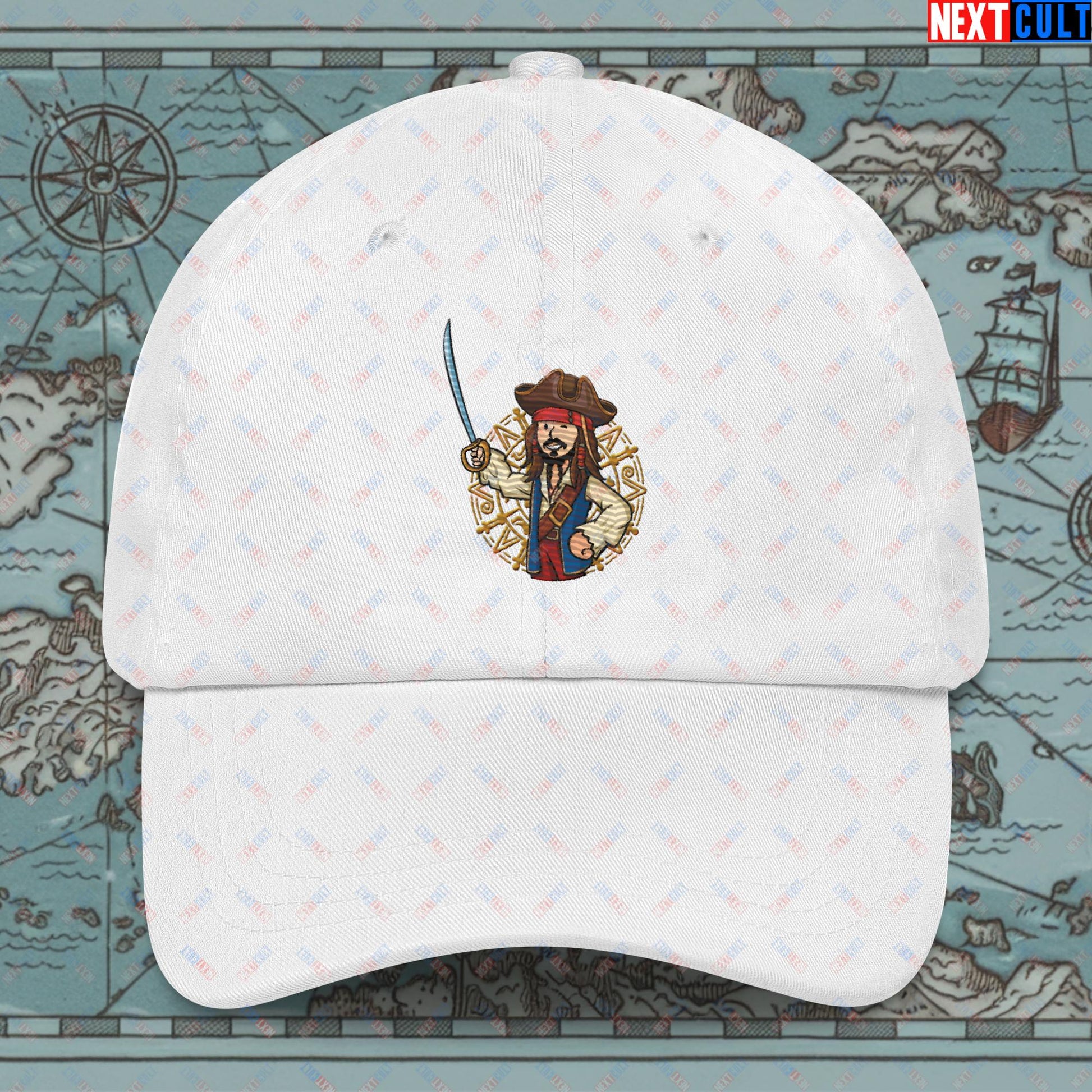 Captain Boy Jack Sparrow Pirates of the Caribbean Vault Boy Fallout Funny Meme Cartoon Mashup Dad hat White Hats Fallout Johnny Depp Movies Pirates of the Caribbean Vault Boy Next Cult Brand