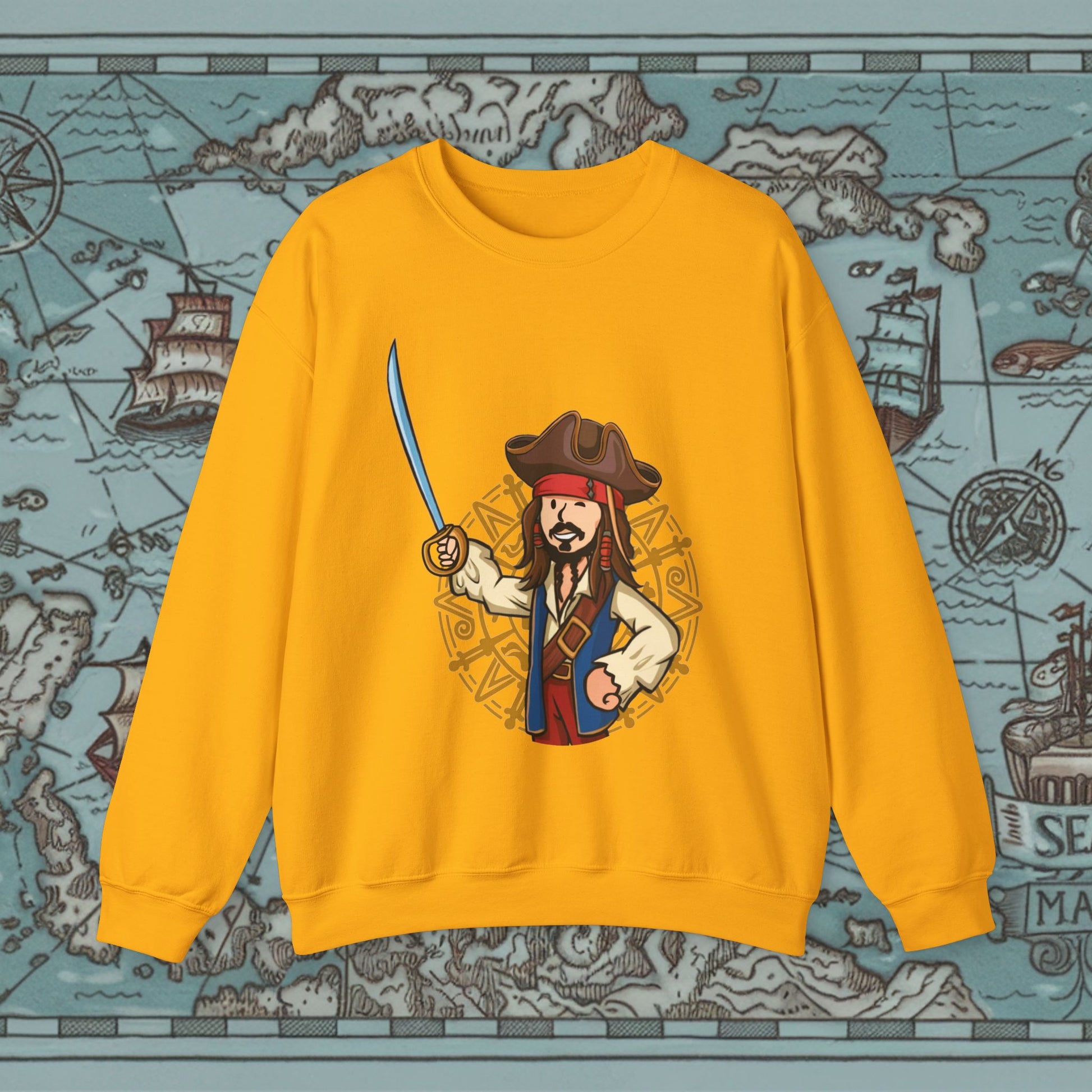 Captain Boy Jack Sparrow Pirates of the Caribbean Vault Boy Fallout Funny Meme Cartoon Mashup Unisex Heavy Blend Crewneck Sweatshirt Gold Sweatshirts Fallout Johnny Depp Movies Pirates of the Caribbean Vault Boy Printify