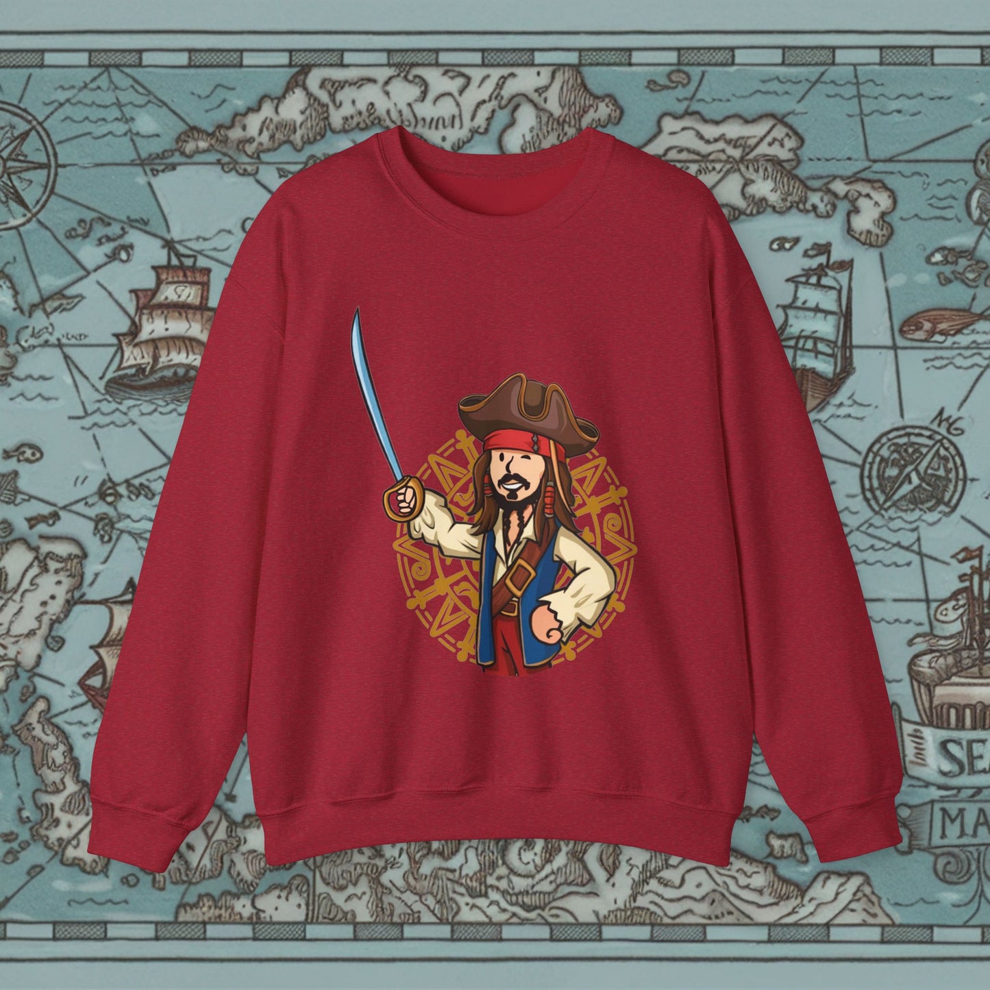 Captain Boy Jack Sparrow Pirates of the Caribbean Vault Boy Fallout Funny Meme Cartoon Mashup Unisex Heavy Blend Crewneck Sweatshirt Antique Cherry Red Sweatshirts Fallout Johnny Depp Movies Pirates of the Caribbean Vault Boy Printify