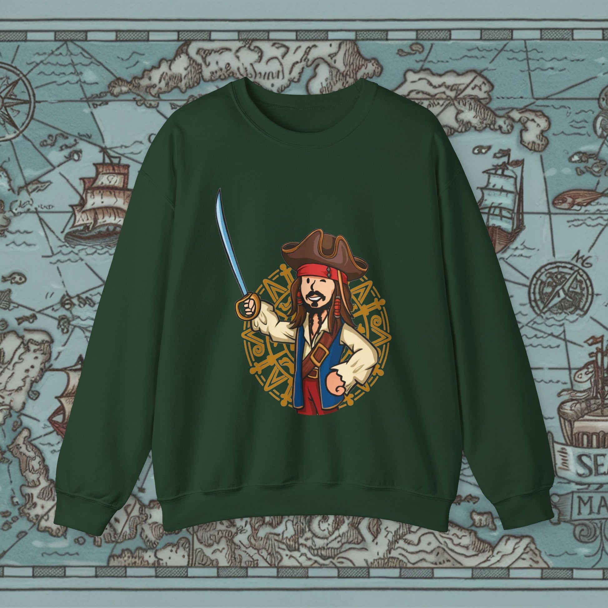 Captain Boy Jack Sparrow Pirates of the Caribbean Vault Boy Fallout Funny Meme Cartoon Mashup Unisex Heavy Blend Crewneck Sweatshirt Forest Green Sweatshirts Fallout Johnny Depp Movies Pirates of the Caribbean Vault Boy Printify