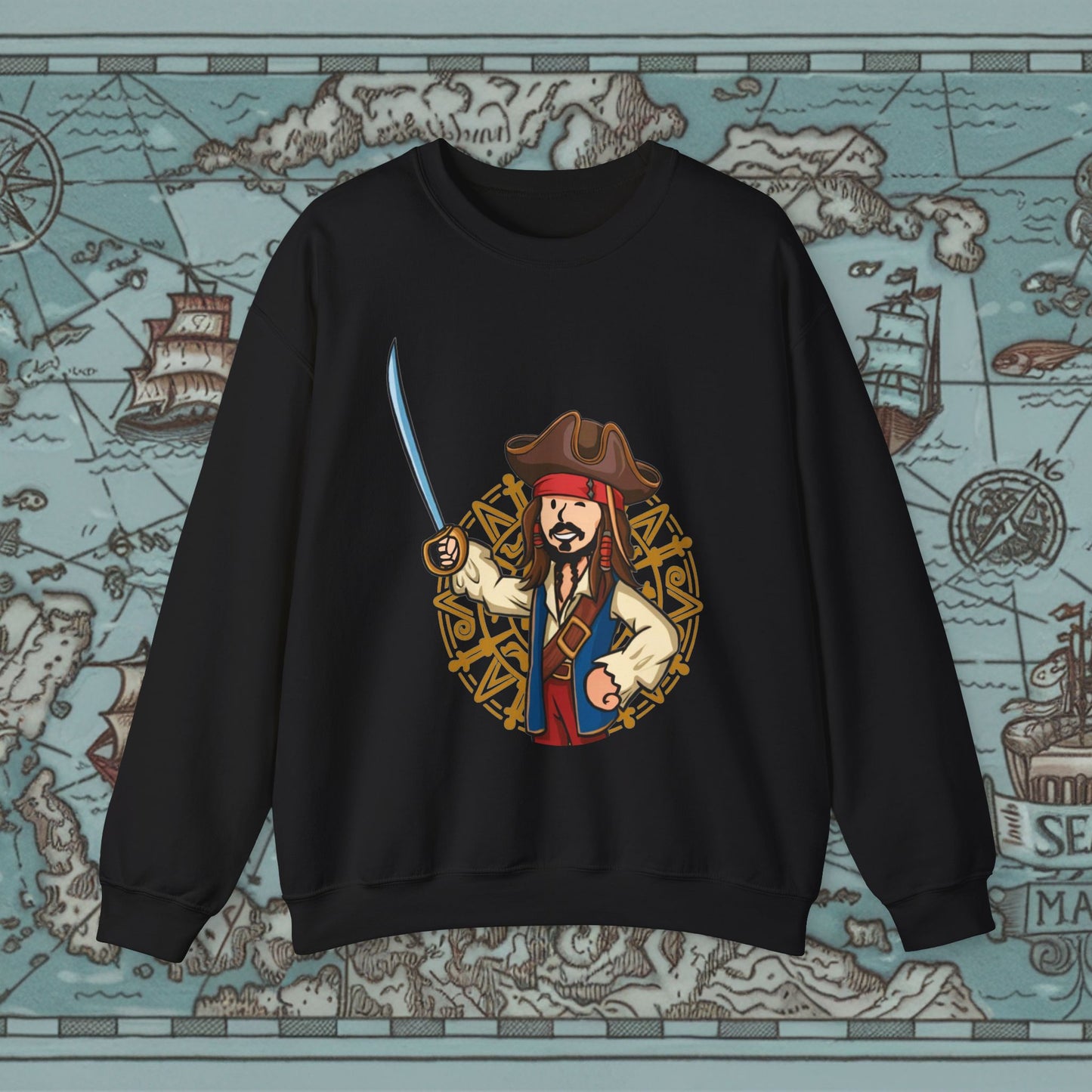 Captain Boy Jack Sparrow Pirates of the Caribbean Vault Boy Fallout Funny Meme Cartoon Mashup Unisex Heavy Blend Crewneck Sweatshirt Black Sweatshirts Fallout Johnny Depp Movies Pirates of the Caribbean Vault Boy Printify