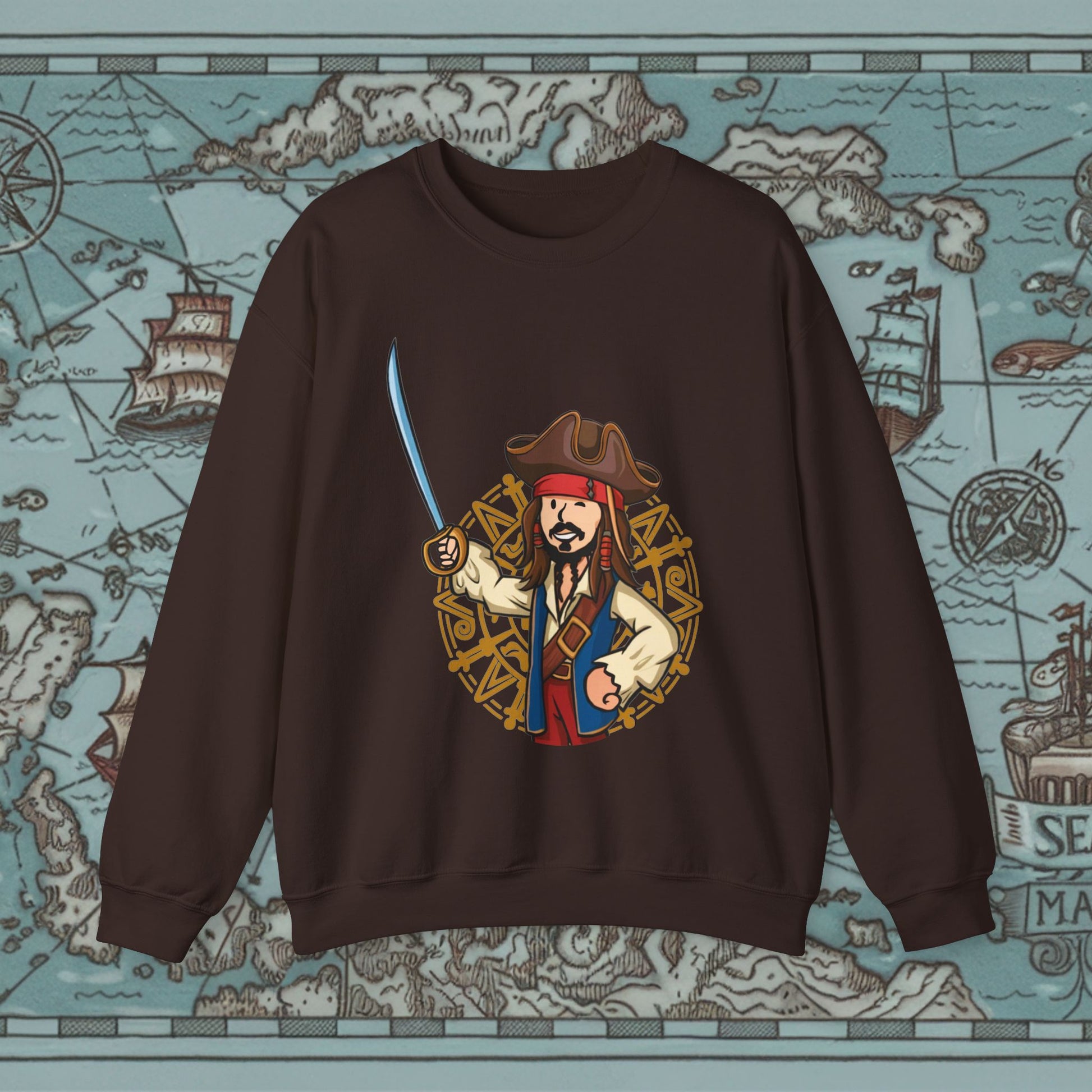 Captain Boy Jack Sparrow Pirates of the Caribbean Vault Boy Fallout Funny Meme Cartoon Mashup Unisex Heavy Blend Crewneck Sweatshirt Dark Chocolate Sweatshirts Fallout Johnny Depp Movies Pirates of the Caribbean Vault Boy Printify