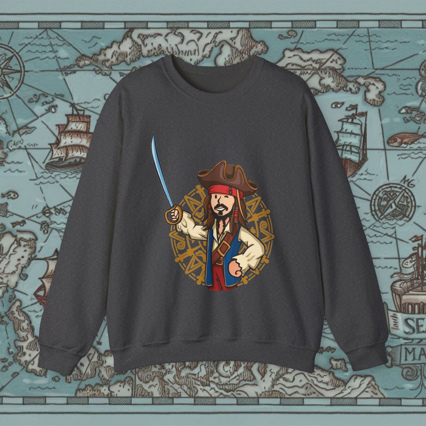 Captain Boy Jack Sparrow Pirates of the Caribbean Vault Boy Fallout Funny Meme Cartoon Mashup Unisex Heavy Blend Crewneck Sweatshirt Dark Heather Sweatshirts Fallout Johnny Depp Movies Pirates of the Caribbean Vault Boy Printify