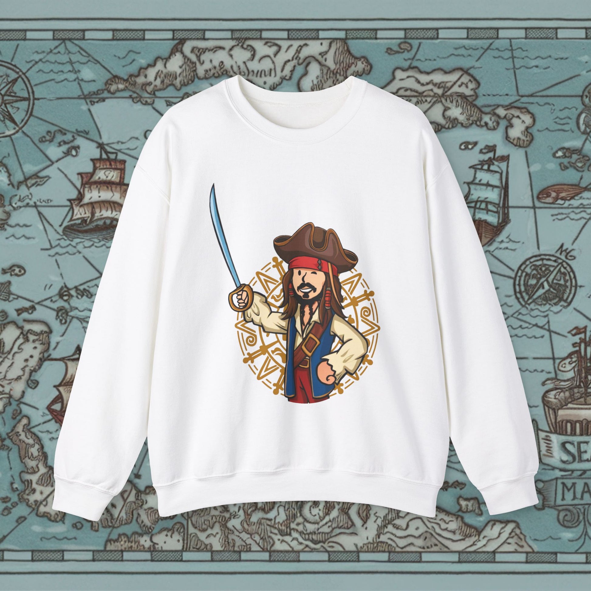 Captain Boy Jack Sparrow Pirates of the Caribbean Vault Boy Fallout Funny Meme Cartoon Mashup Unisex Heavy Blend Crewneck Sweatshirt White Sweatshirts Fallout Johnny Depp Movies Pirates of the Caribbean Vault Boy Printify