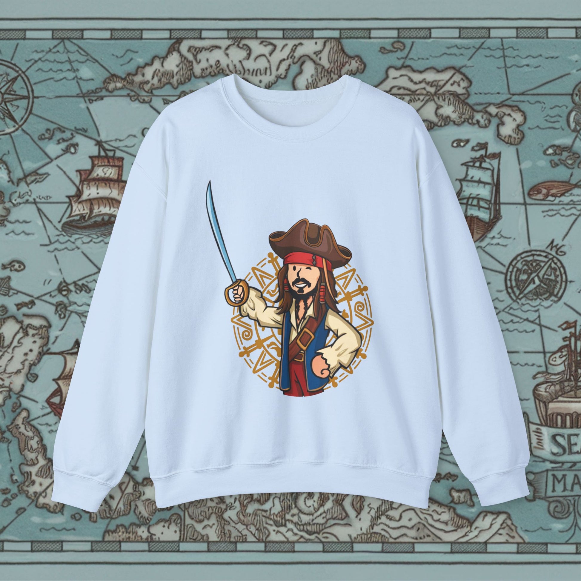 Captain Boy Jack Sparrow Pirates of the Caribbean Vault Boy Fallout Funny Meme Cartoon Mashup Unisex Heavy Blend Crewneck Sweatshirt Light Blue Sweatshirts Fallout Johnny Depp Movies Pirates of the Caribbean Vault Boy Printify