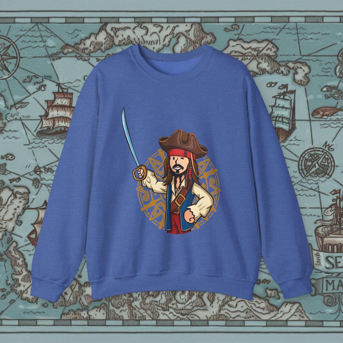 Captain Boy Jack Sparrow Pirates of the Caribbean Vault Boy Fallout Funny Meme Cartoon Mashup Unisex Heavy Blend Crewneck Sweatshirt Heather Sport Royal Sweatshirts Fallout Johnny Depp Movies Pirates of the Caribbean Vault Boy Printify