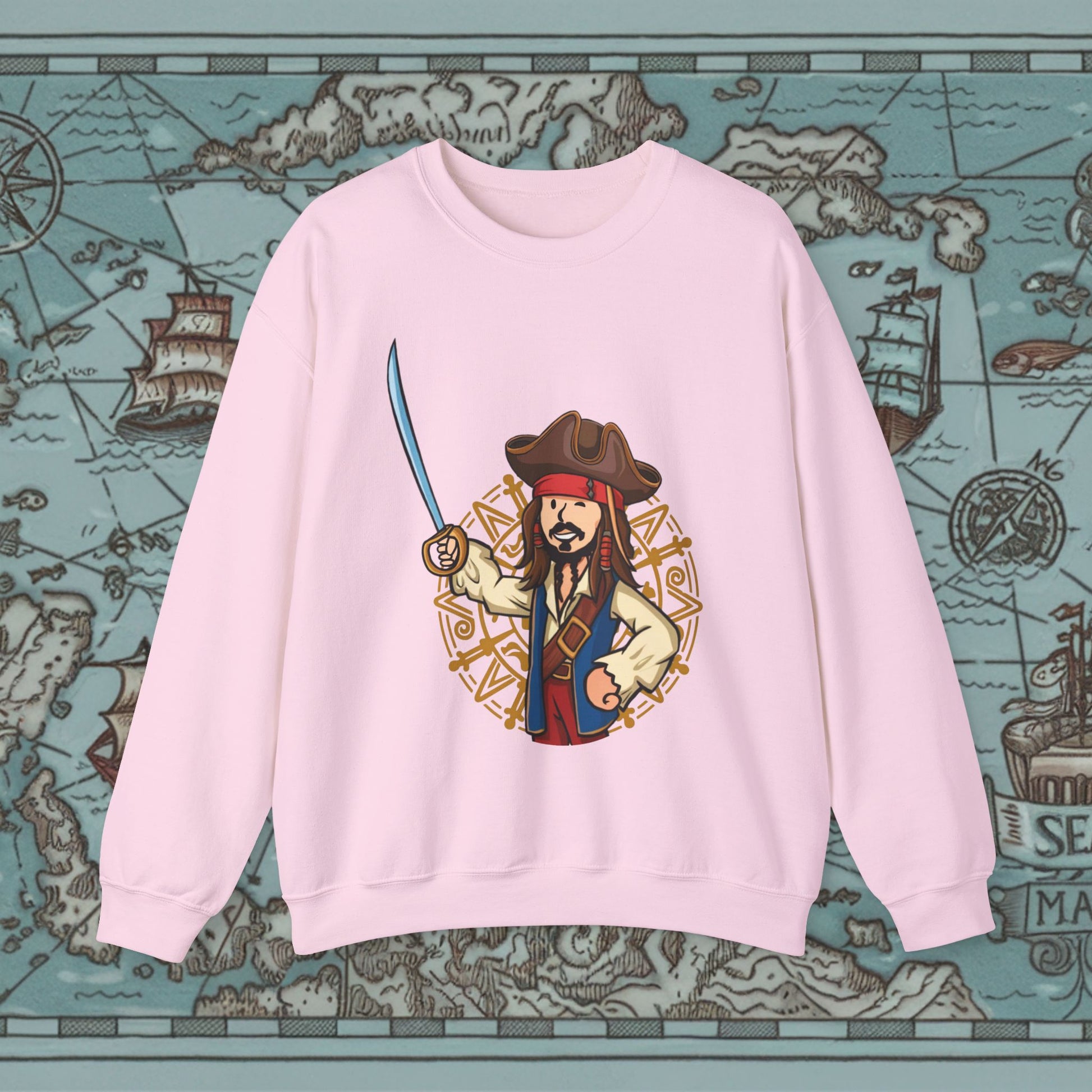 Captain Boy Jack Sparrow Pirates of the Caribbean Vault Boy Fallout Funny Meme Cartoon Mashup Unisex Heavy Blend Crewneck Sweatshirt Light Pink Sweatshirts Fallout Johnny Depp Movies Pirates of the Caribbean Vault Boy Printify