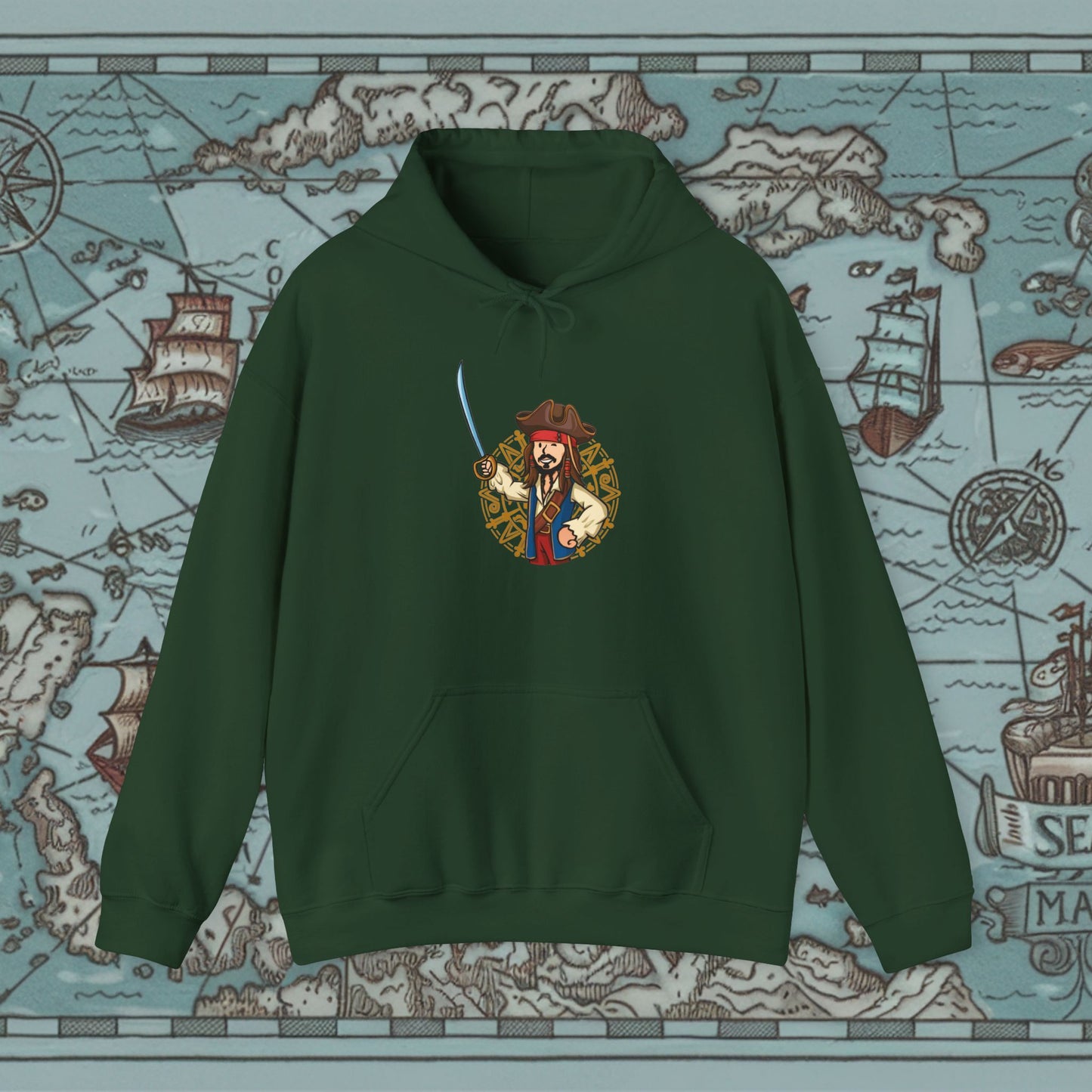 Captain Boy Jack Sparrow Pirates of the Caribbean Vault Boy Fallout Funny Meme Cartoon Mashup Unisex Heavy Blend Hooded Sweatshirt Forest Green Sweatshirts Fallout Johnny Depp Movies Pirates of the Caribbean Vault Boy Printify