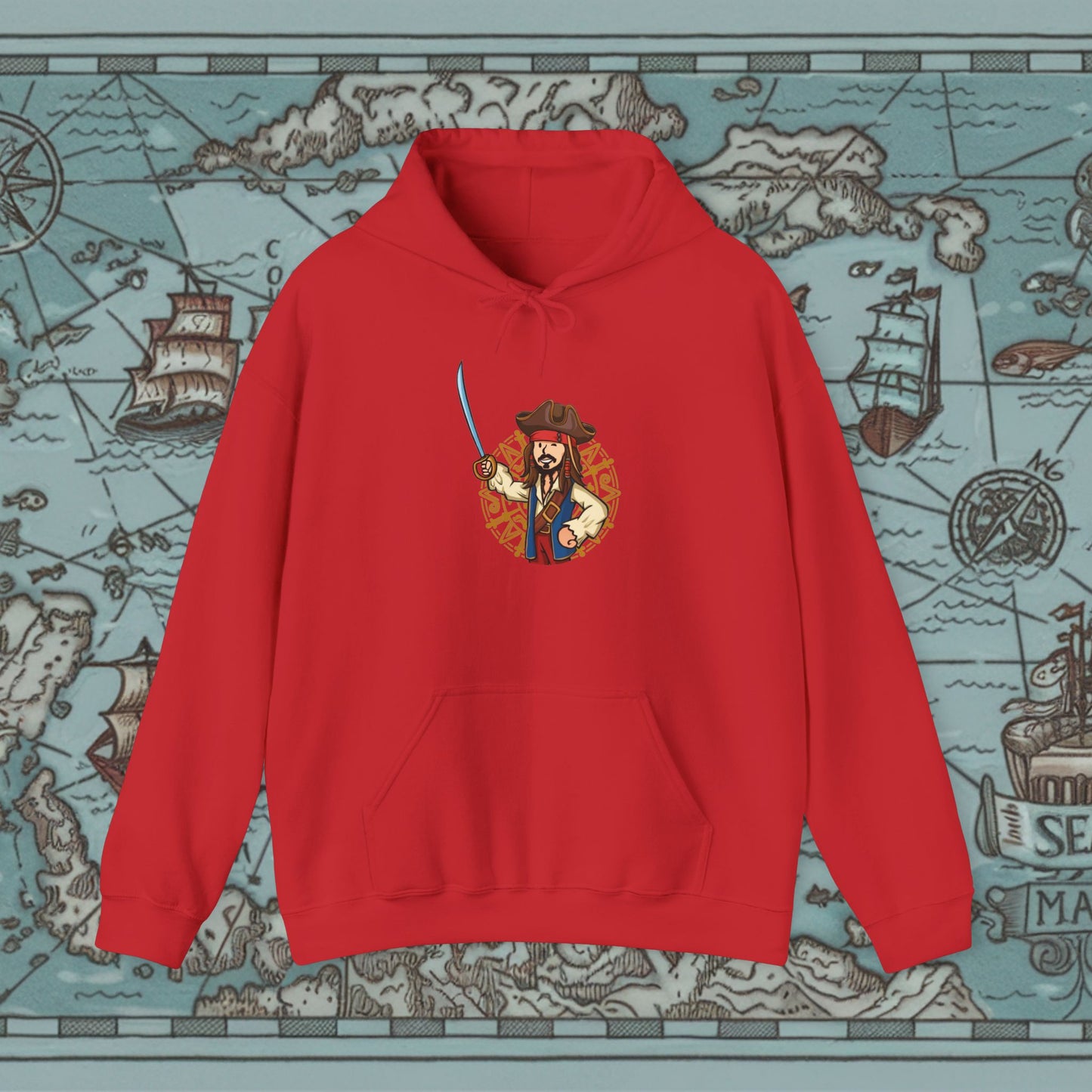 Captain Boy Jack Sparrow Pirates of the Caribbean Vault Boy Fallout Funny Meme Cartoon Mashup Unisex Heavy Blend Hooded Sweatshirt Red Sweatshirts Fallout Johnny Depp Movies Pirates of the Caribbean Vault Boy Printify