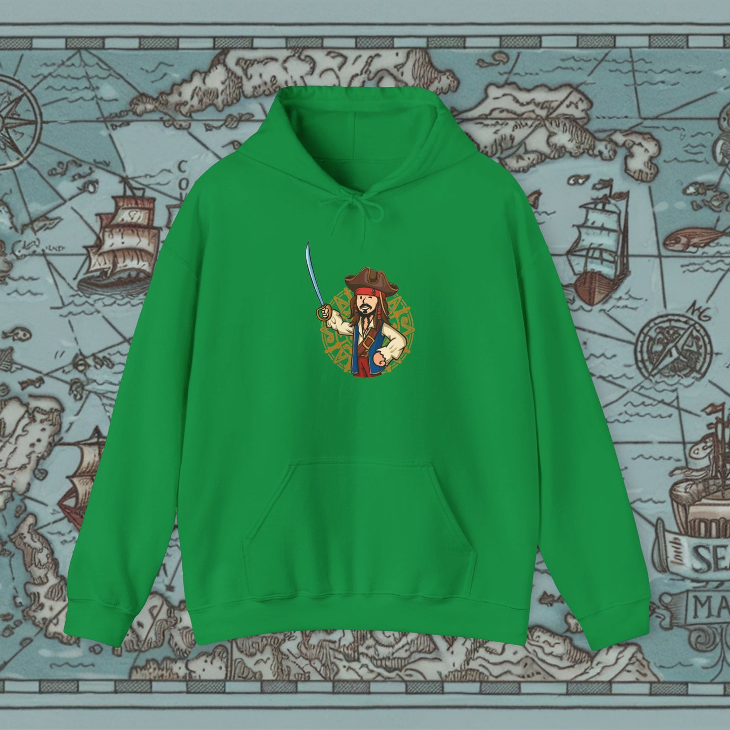 Captain Boy Jack Sparrow Pirates of the Caribbean Vault Boy Fallout Funny Meme Cartoon Mashup Unisex Heavy Blend Hooded Sweatshirt Irish Green Sweatshirts Fallout Johnny Depp Movies Pirates of the Caribbean Vault Boy Printify