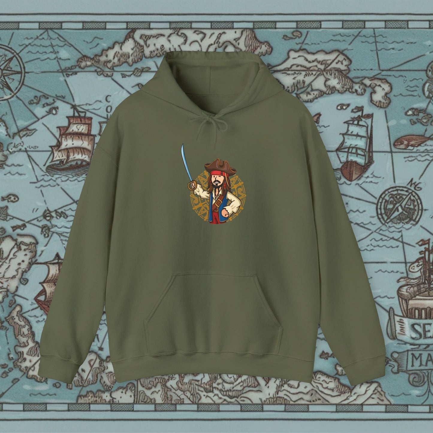 Captain Boy Jack Sparrow Pirates of the Caribbean Vault Boy Fallout Funny Meme Cartoon Mashup Unisex Heavy Blend Hooded Sweatshirt Military Green Sweatshirts Fallout Johnny Depp Movies Pirates of the Caribbean Vault Boy Printify