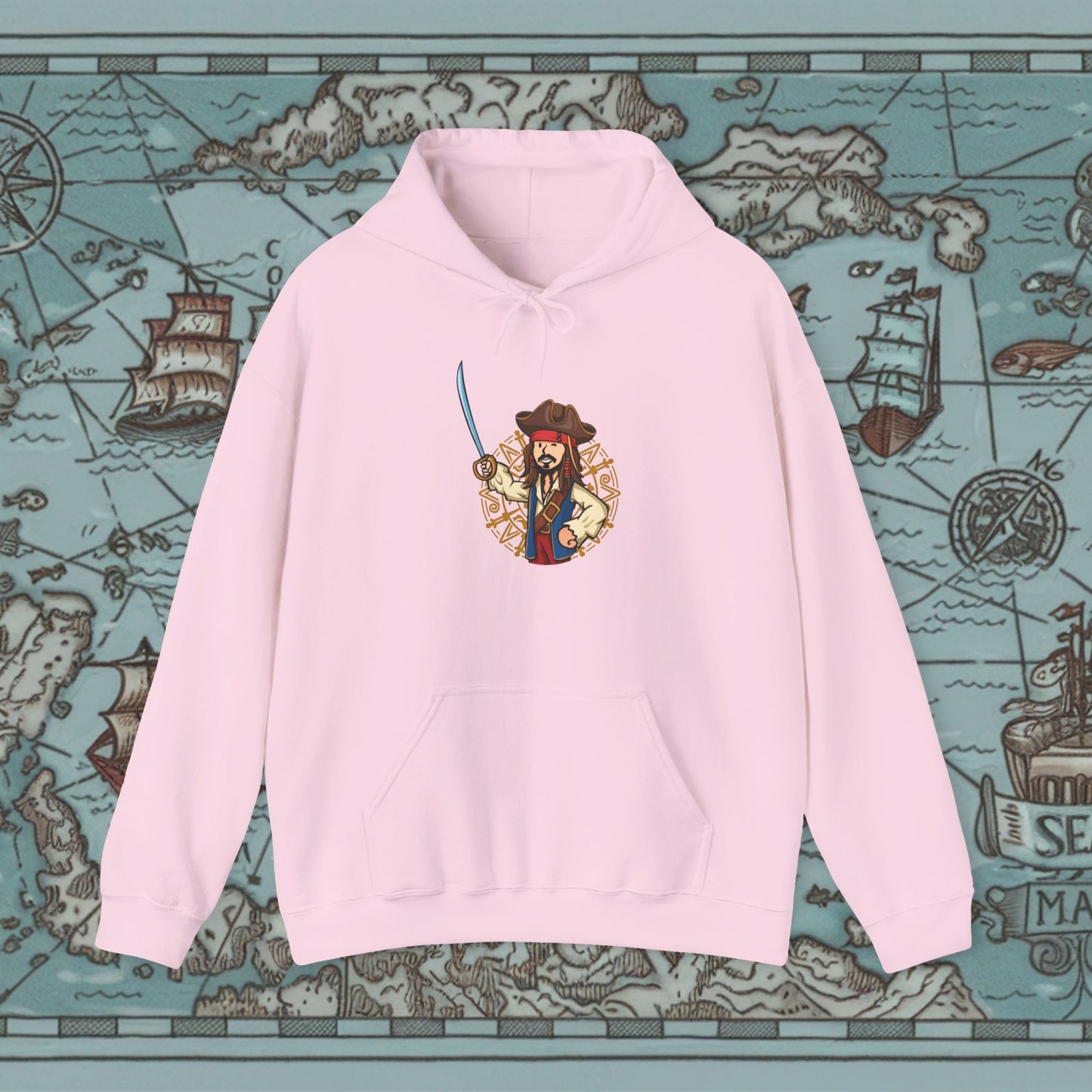 Captain Boy Jack Sparrow Pirates of the Caribbean Vault Boy Fallout Funny Meme Cartoon Mashup Unisex Heavy Blend Hooded Sweatshirt Light Pink Sweatshirts Fallout Johnny Depp Movies Pirates of the Caribbean Vault Boy Printify