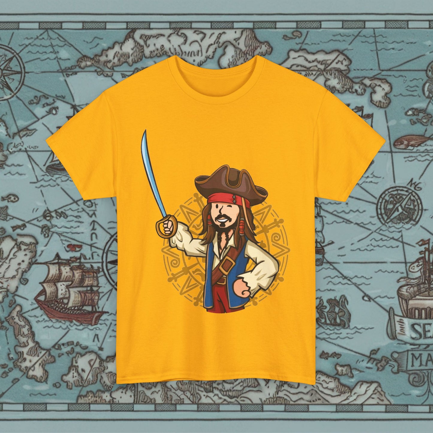 Captain Boy Jack Sparrow Pirates of the Caribbean Vault Boy Fallout Funny Meme Cartoon Mashup Unisex Heavy Cotton Tee Gold T-shirts Fallout Johnny Depp Movies Pirates of the Caribbean Vault Boy Printify