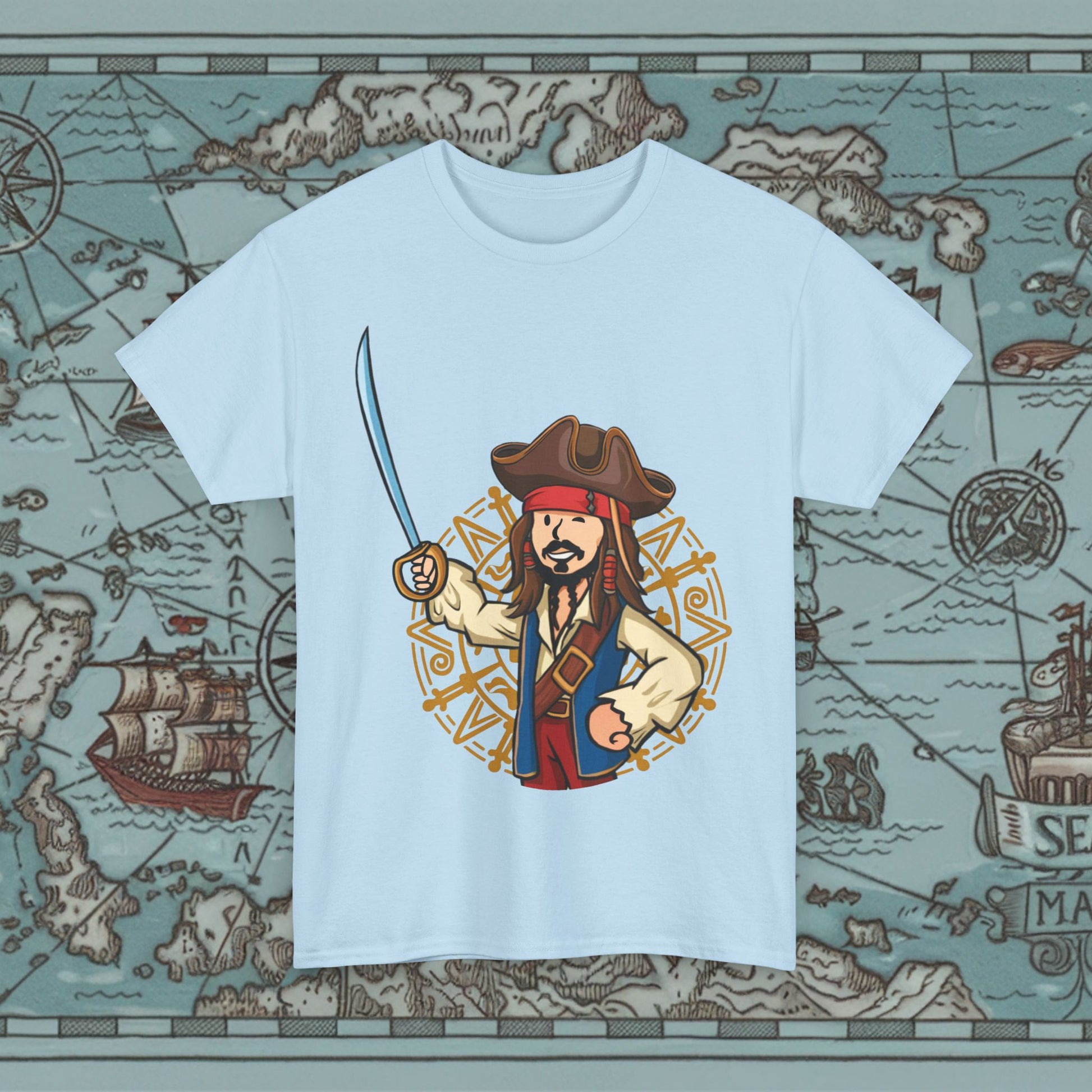 Captain Boy Jack Sparrow Pirates of the Caribbean Vault Boy Fallout Funny Meme Cartoon Mashup Unisex Heavy Cotton Tee Light Blue T-shirts Fallout Johnny Depp Movies Pirates of the Caribbean Vault Boy Printify